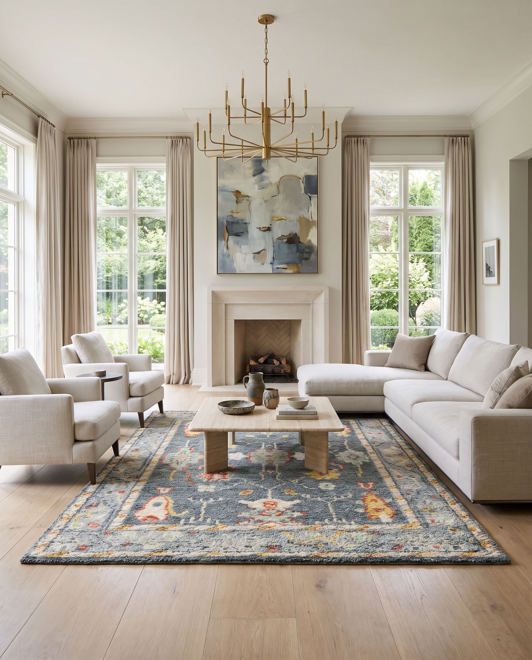 Marrakech MRK-2305 Hand Knotted Rug styled in an elegant designer living room — hand knotted traditional area rug in charcoal, mustard, rust and pale blue tones