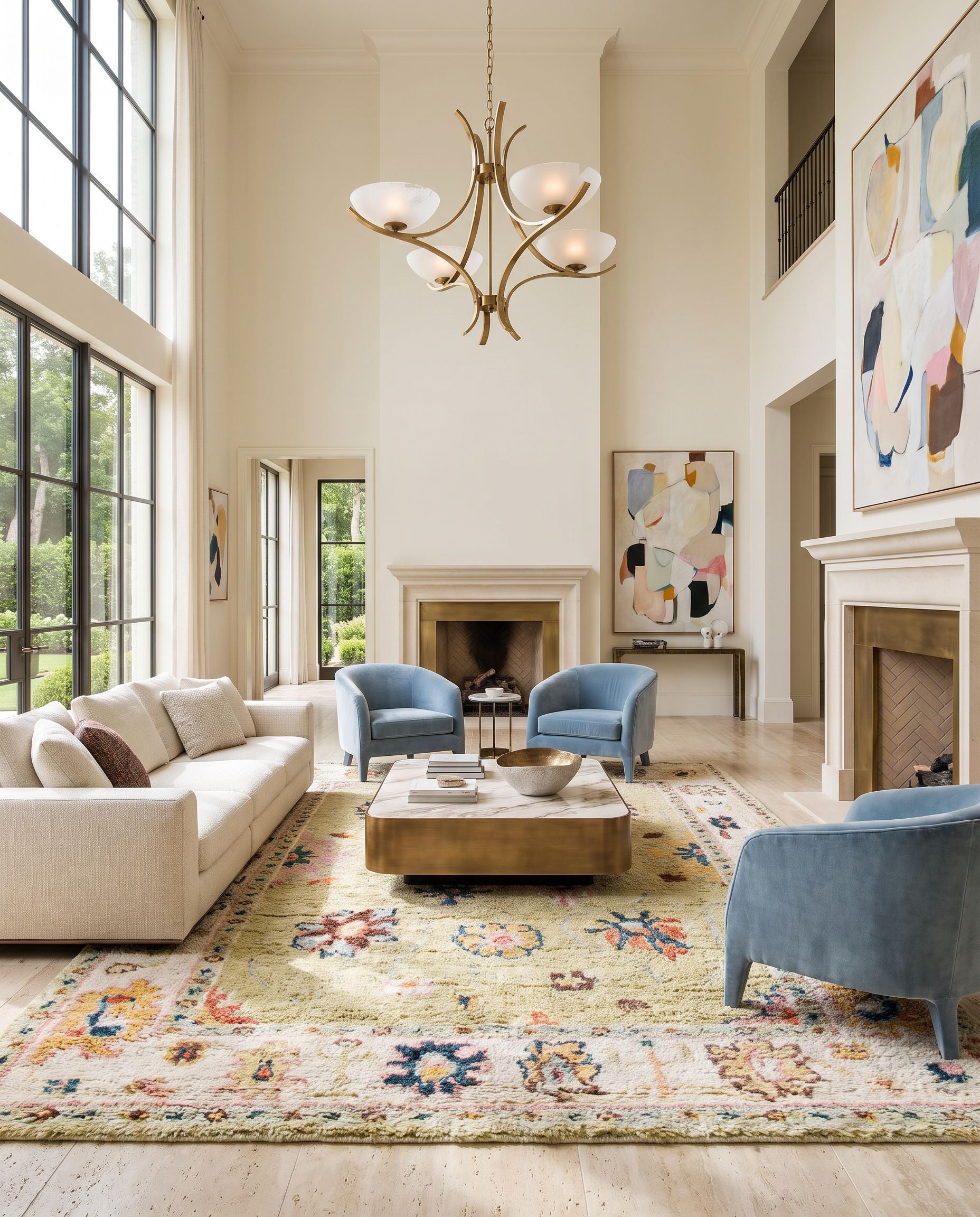 Marrakech MRK-2307 Hand Knotted Rug styled in an elegant designer living room — hand knotted traditional area rug in light sage, dark blue, pale blue and light pink tones