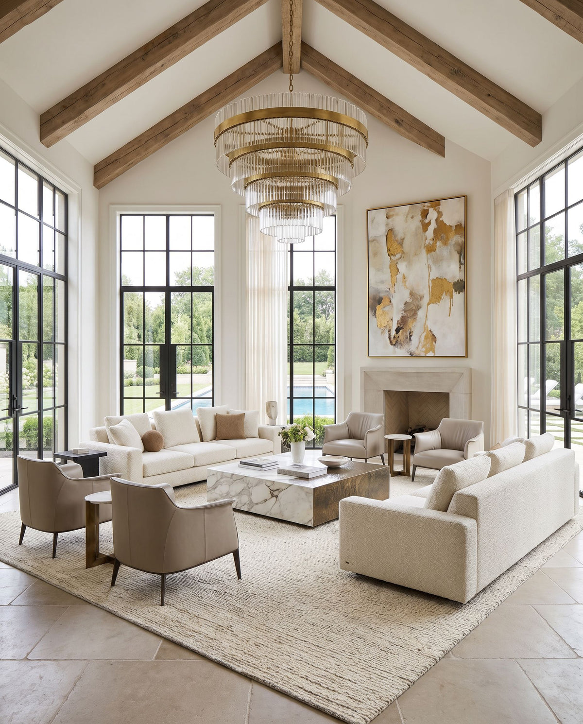 Mari MRU-2300 Hand Woven Rug as the centerpiece of a bright luxury living room — a hand woven contemporary area rug in bone tones