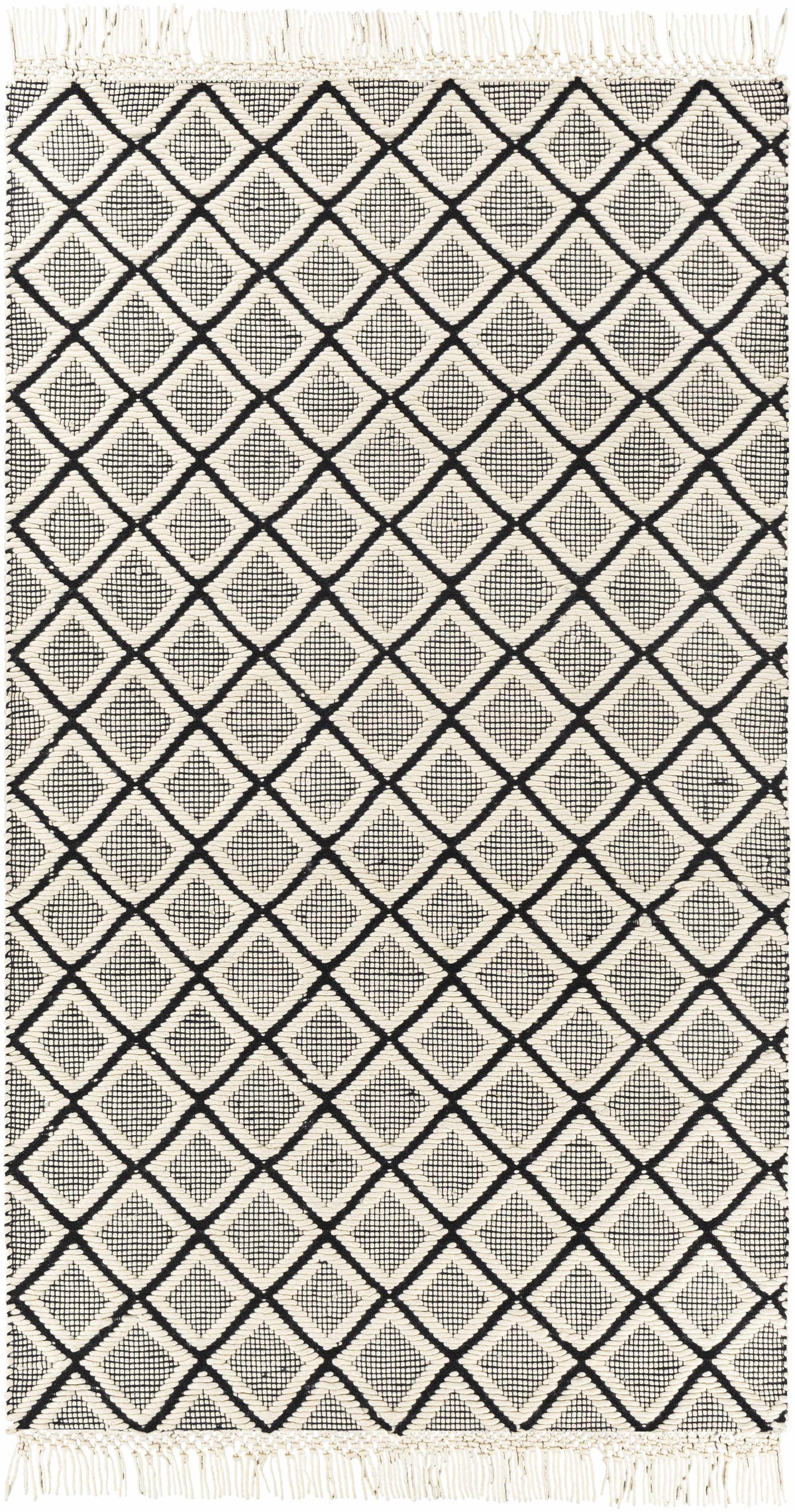 Black Hand Woven 100% NZ Wool Global Rectangle Handmade rug, Indoor use only, has fringe, non-washable. runner also available