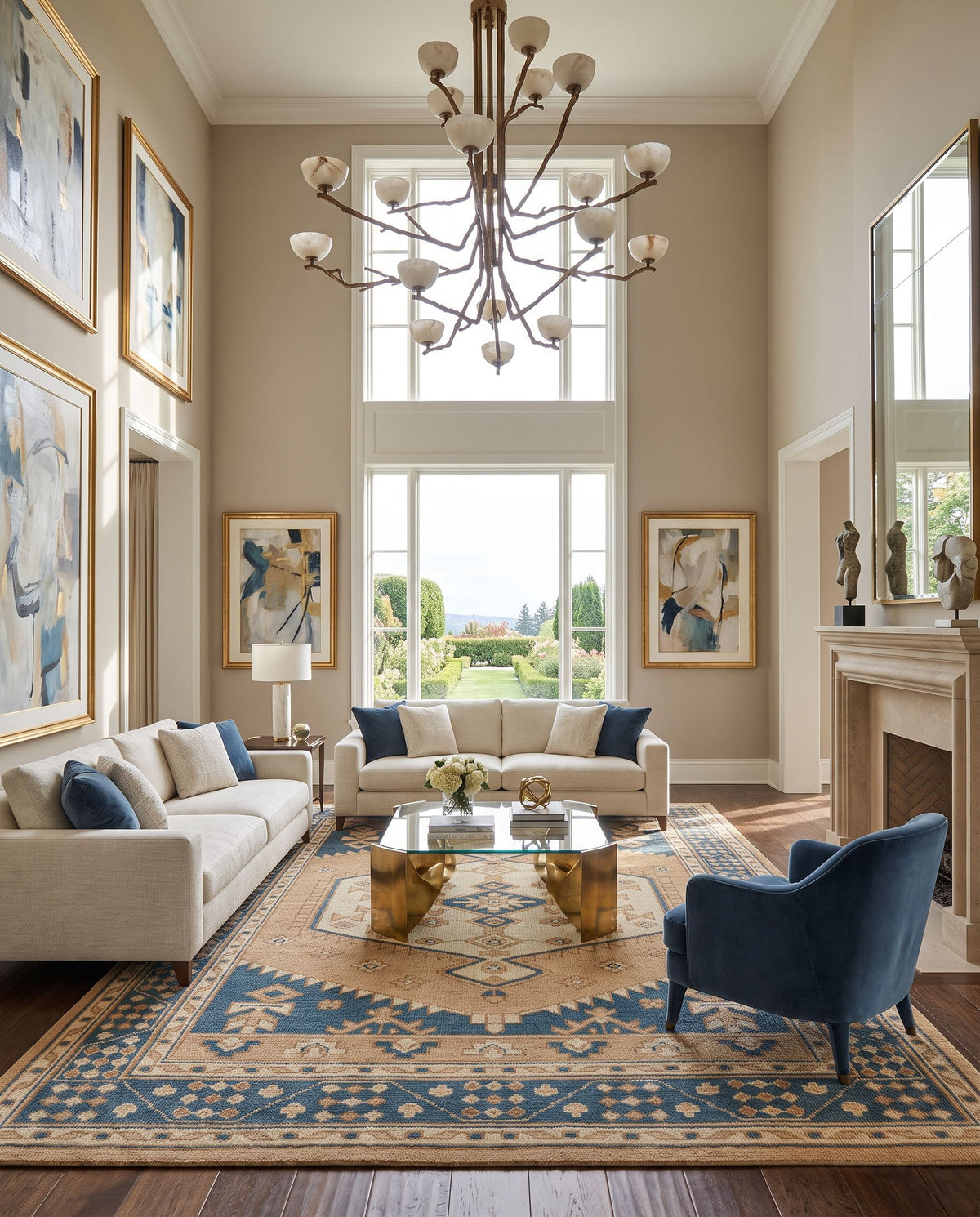 Milas MSL-2300 Hand Knotted Rug styled in an elegant designer living room — hand knotted traditional area rug in camel, burnt orange, beige and dark blue tones