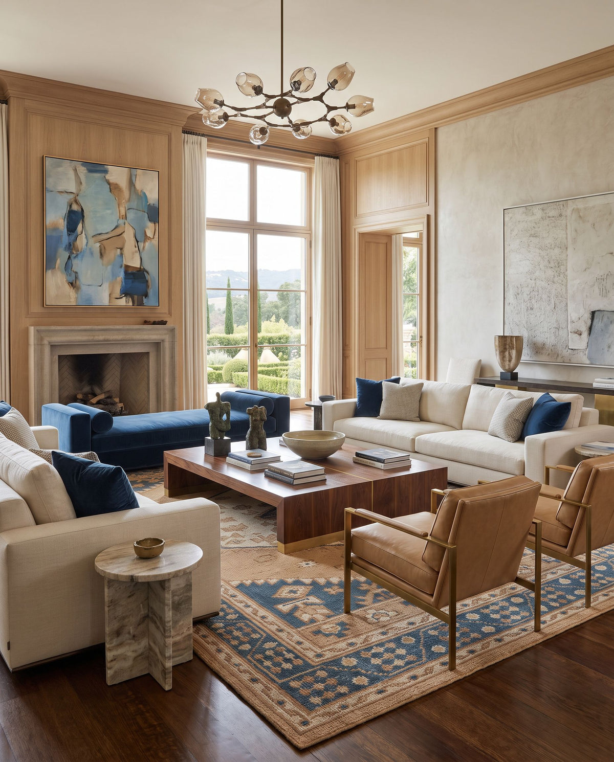 Milas MSL-2300 Hand Knotted Rug styled in an elegant designer living room — hand knotted traditional area rug in camel, burnt orange, beige and dark blue tones