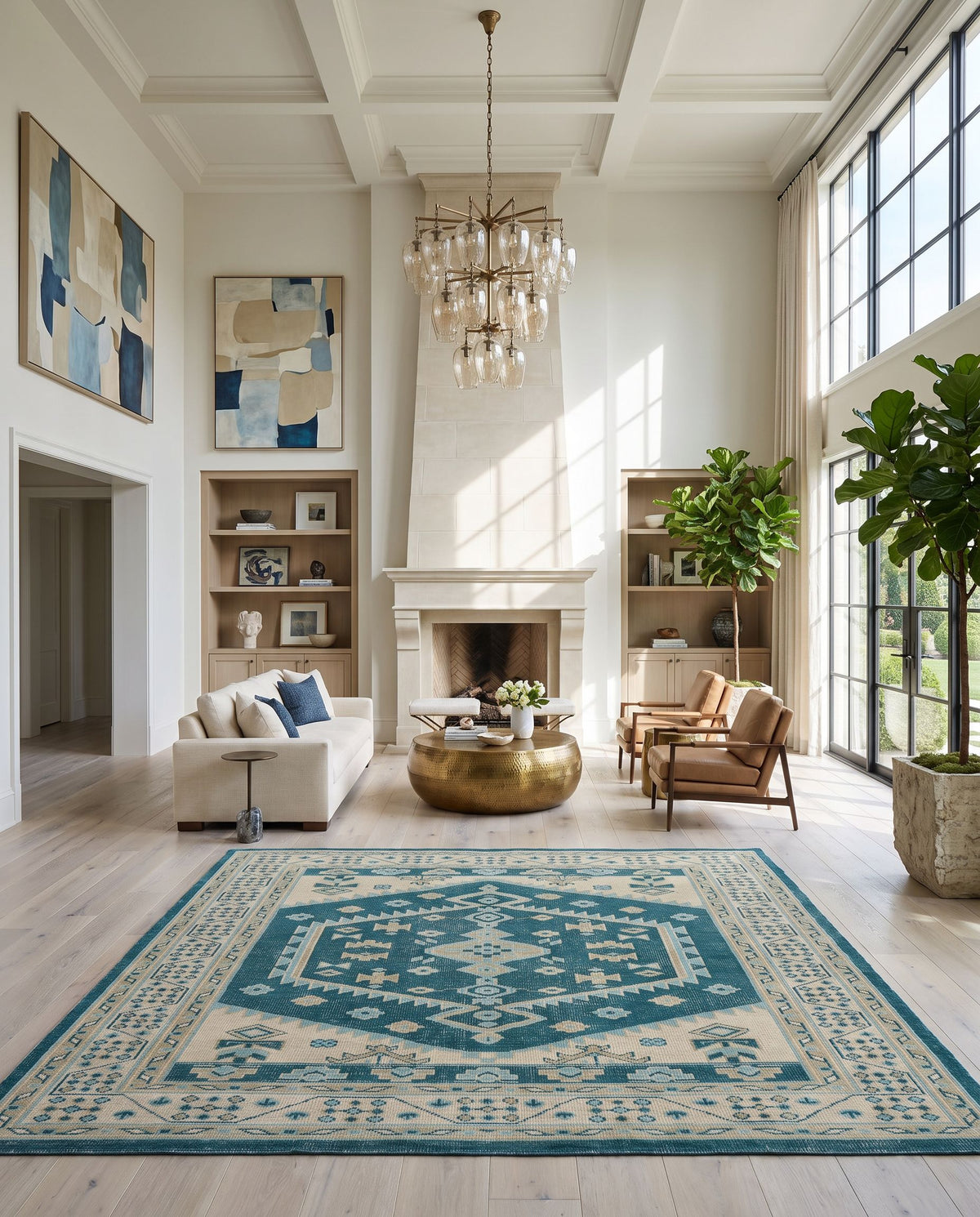 Milas MSL-2301 Hand Knotted Rug as the centerpiece of a bright luxury living room — a hand knotted traditional area rug in teal, beige, aqua and sage tones