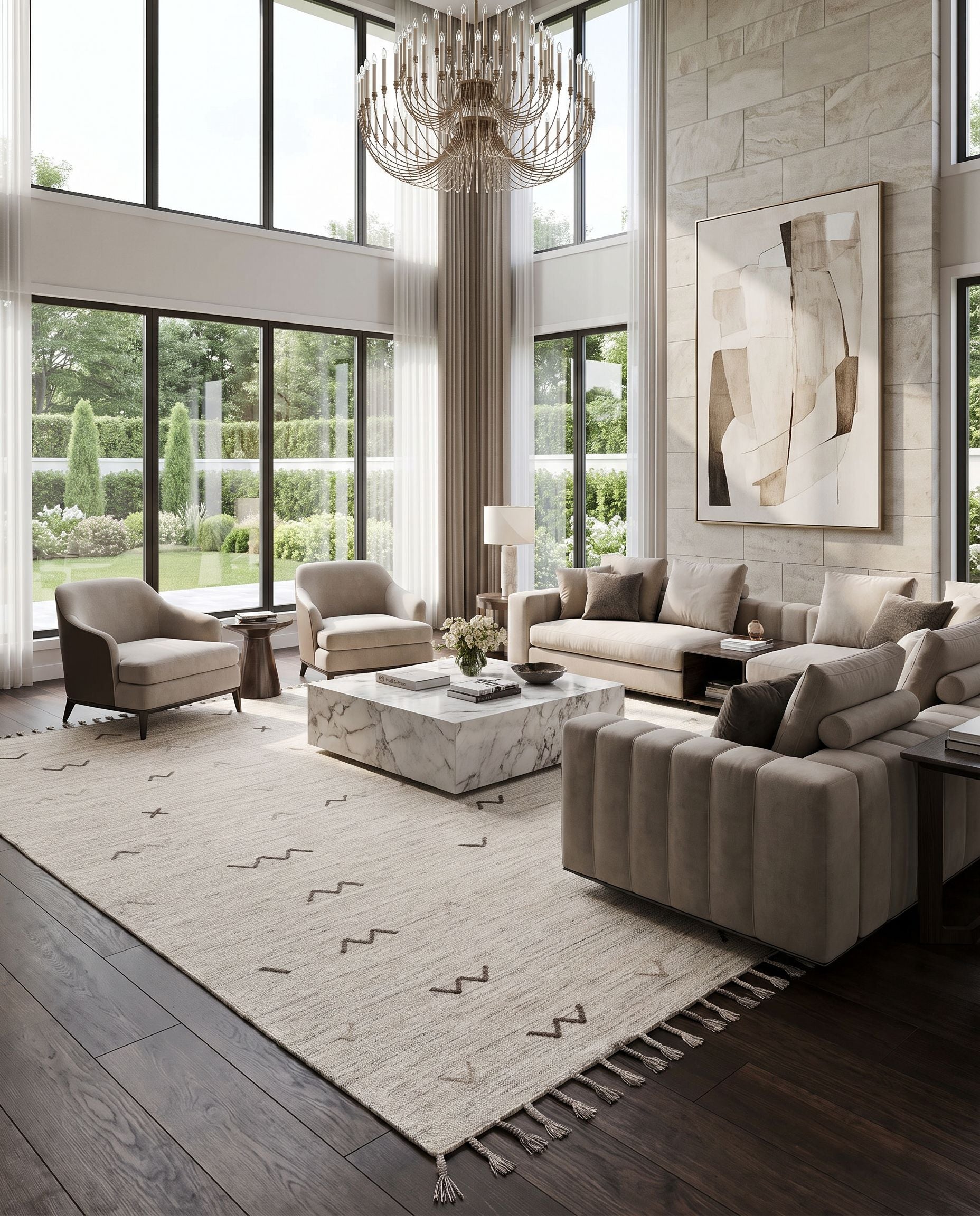 Montezuma MTZ-2004 Hand Woven Rug as the centerpiece of a bright luxury living room — a hand woven global area rug in light gray and light brown tones