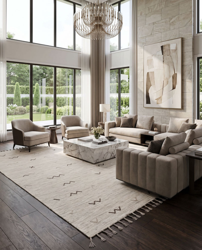 Montezuma MTZ-2004 Hand Woven Rug as the centerpiece of a bright luxury living room — a hand woven global area rug in light gray and light brown tones