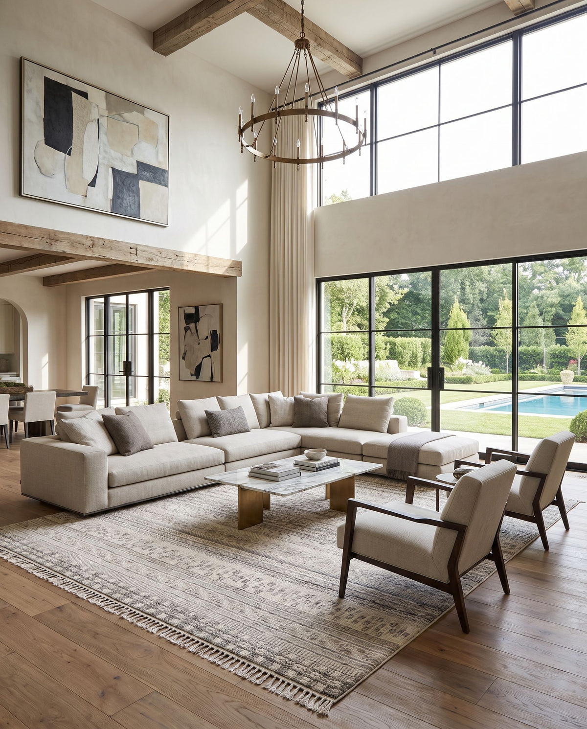 Nobility NBI-2305 Hand Knotted Rug as the centerpiece of a bright luxury living room — a hand knotted traditional area rug in medium brown, oatmeal, light gray and dark brown tones
