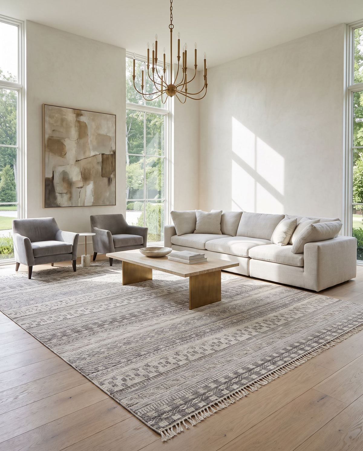 Nobility NBI-2305 Hand Knotted Rug styled in an elegant designer living room — hand knotted traditional area rug in medium brown, oatmeal, light gray and dark brown tones