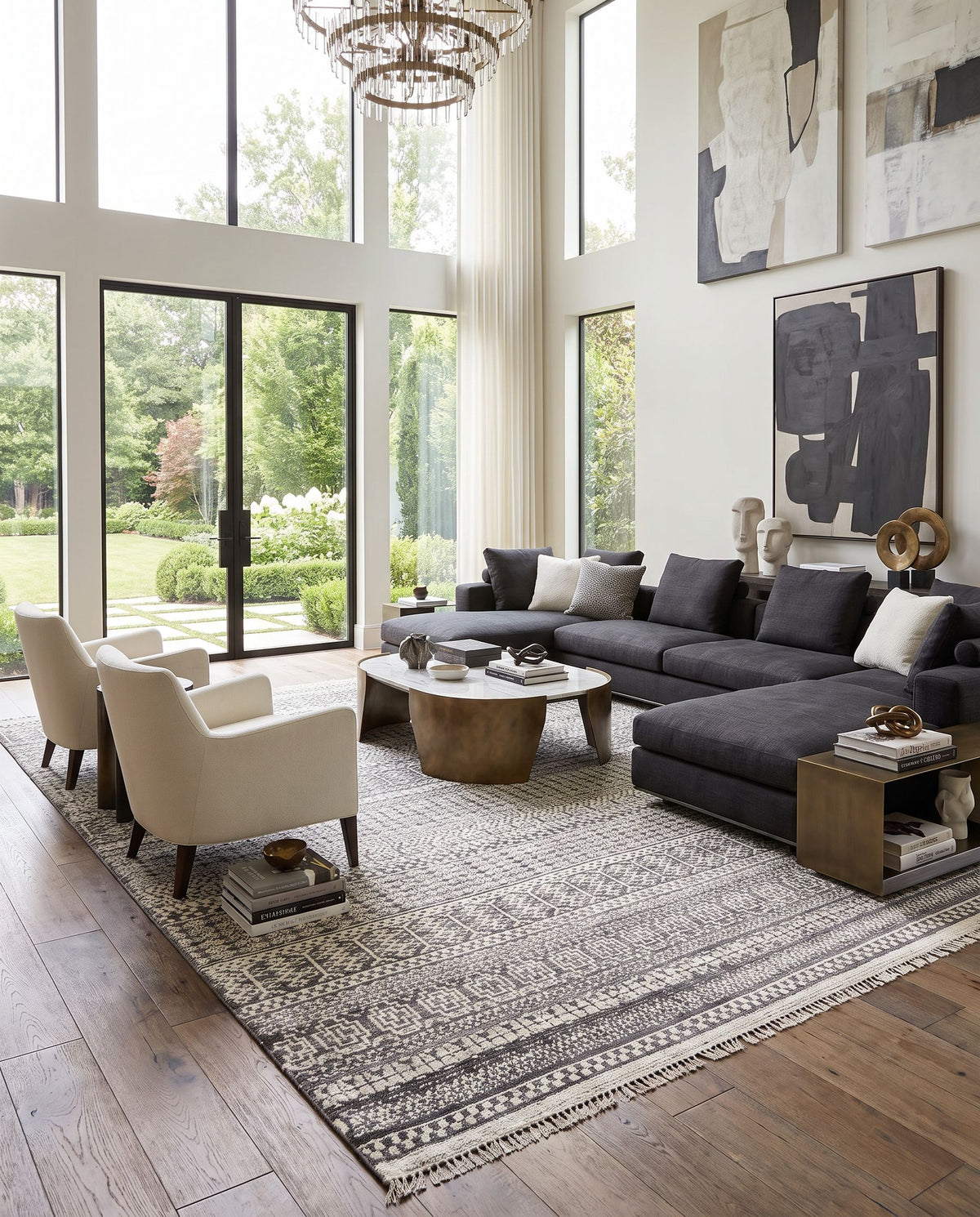 Nobility NBI-2308 Hand Knotted Rug styled in an elegant designer living room — hand knotted global area rug in dusty sage, oatmeal, light gray and charcoal tones