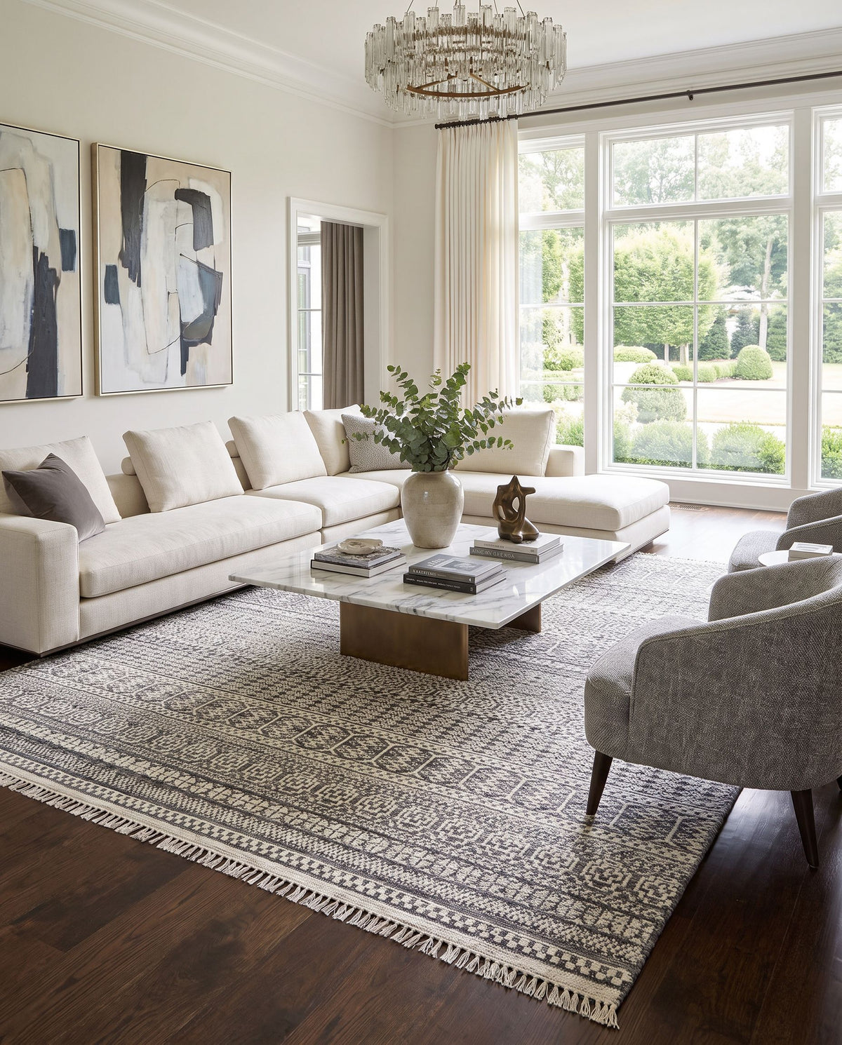 Nobility NBI-2308 Hand Knotted Rug styled in an elegant designer living room — hand knotted global area rug in dusty sage, oatmeal, light gray and charcoal tones