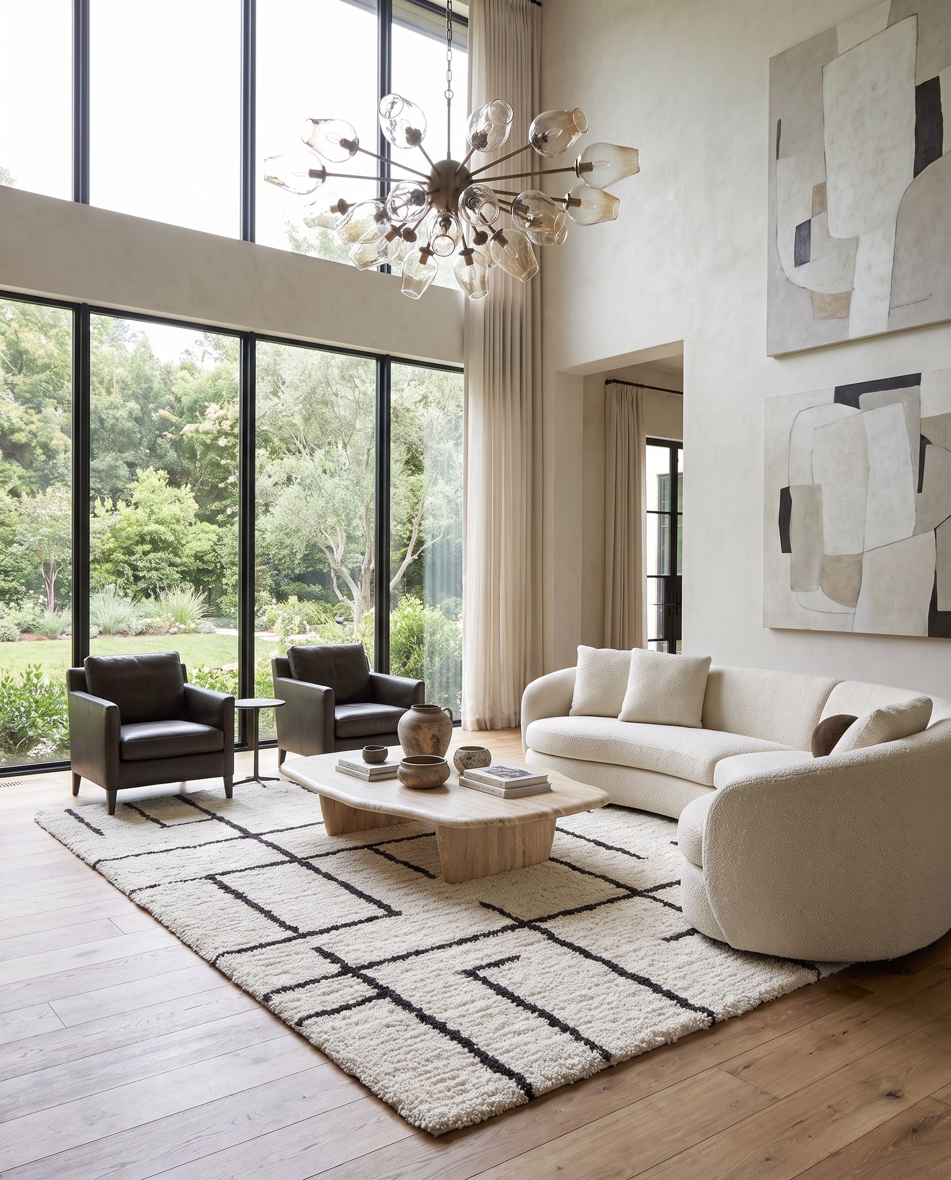 Nicole NCO-2301 Hand Tufted Rug as the centerpiece of a bright luxury living room — a hand tufted global area rug in ivory and charcoal tones