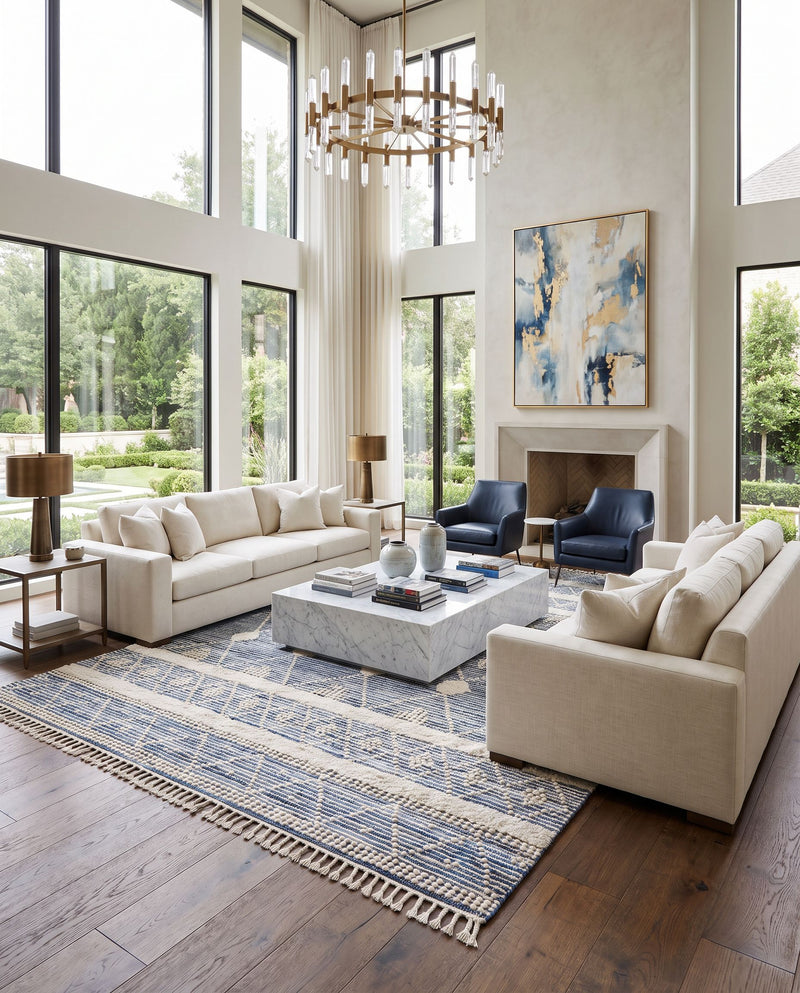 Nadine NDD-2302 Hand Woven Rug as the centerpiece of a bright luxury living room — a hand woven global area rug in ivory and blue tones