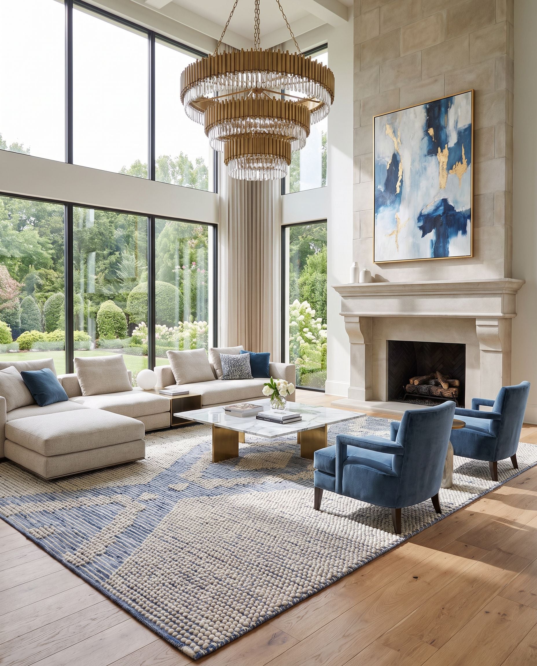 Nadine NDD-2303 Hand Woven Rug as the centerpiece of a bright luxury living room — a hand woven global area rug in beige, ivory and blue tones