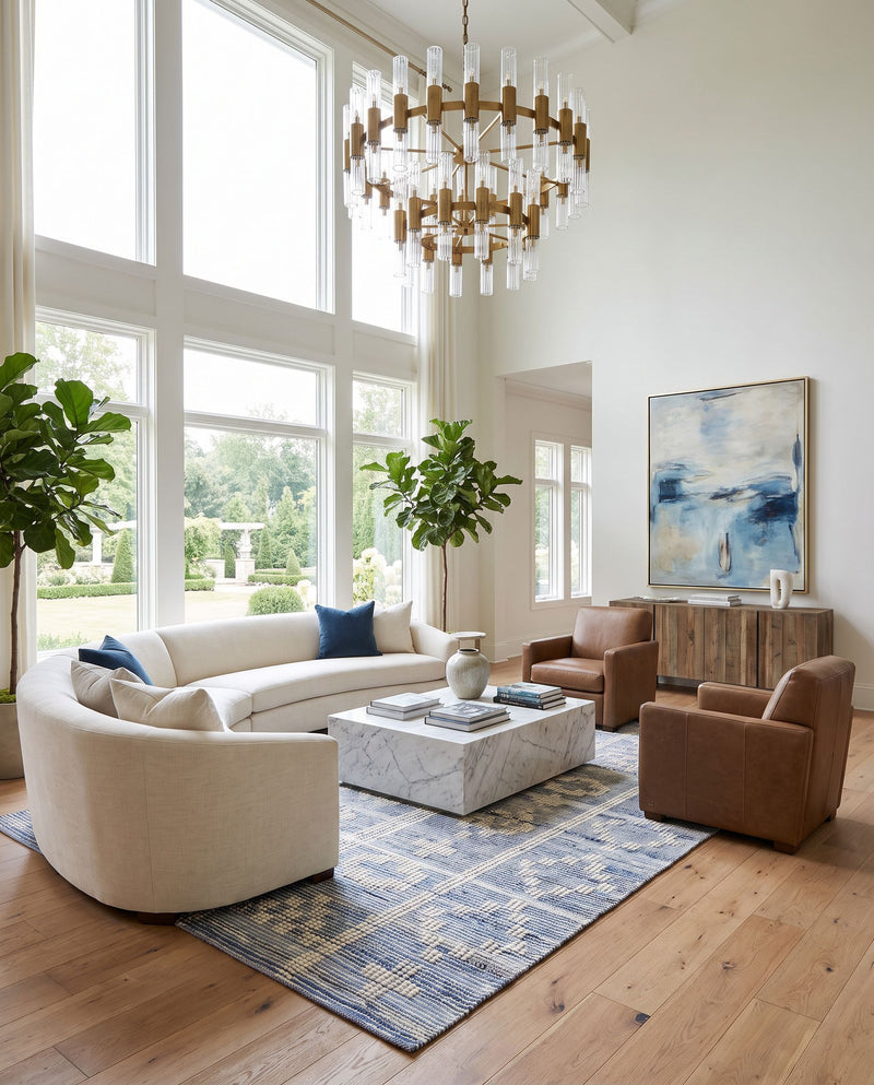 Nadine NDD-2304 Hand Woven Rug as the centerpiece of a bright luxury living room — a hand woven global area rug in beige, ivory and blue tones