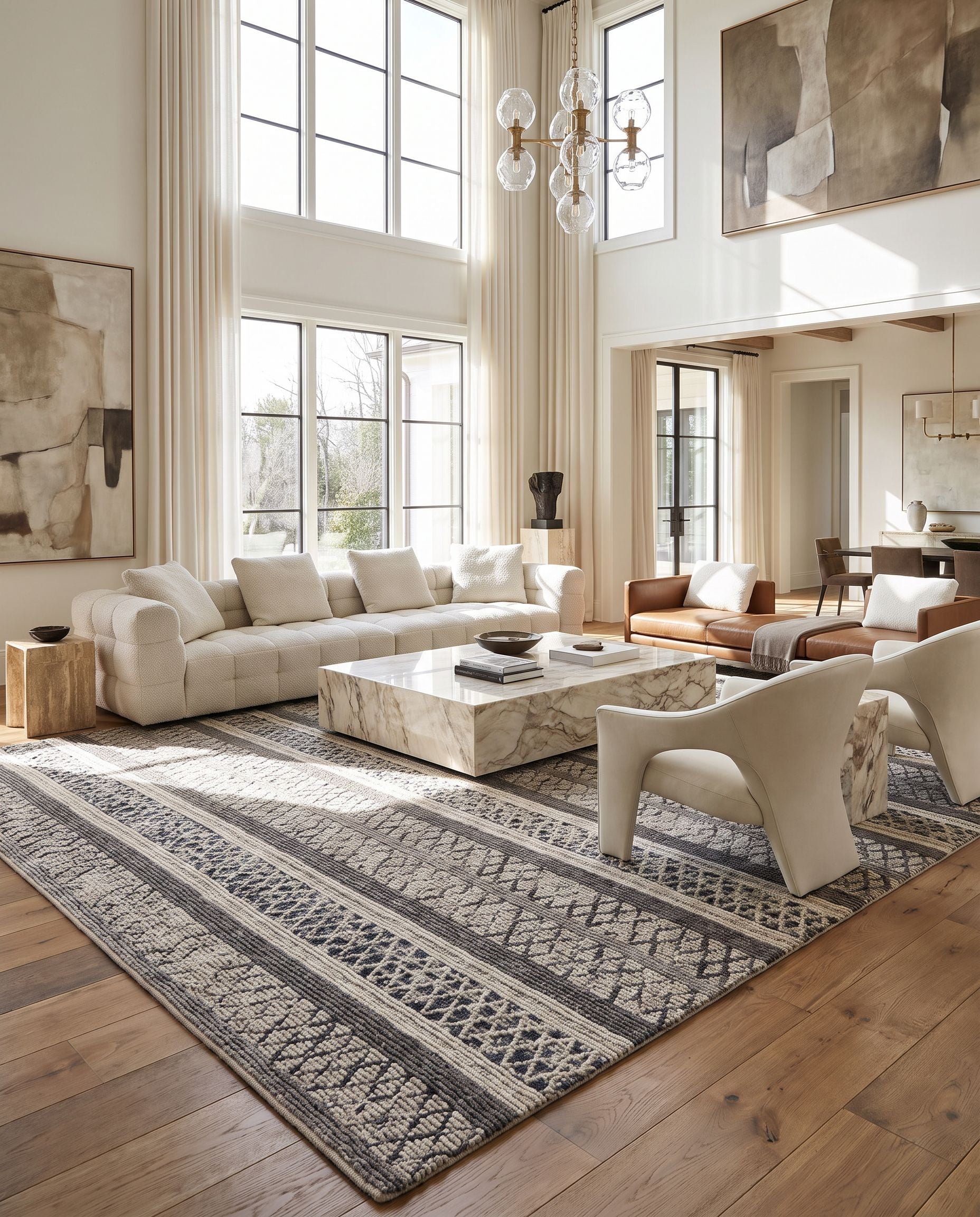 Nico NIC-7001 Hand Woven Rug as the centerpiece of a bright luxury living room — a hand woven global area rug in charcoal, black, gray and ivory tones