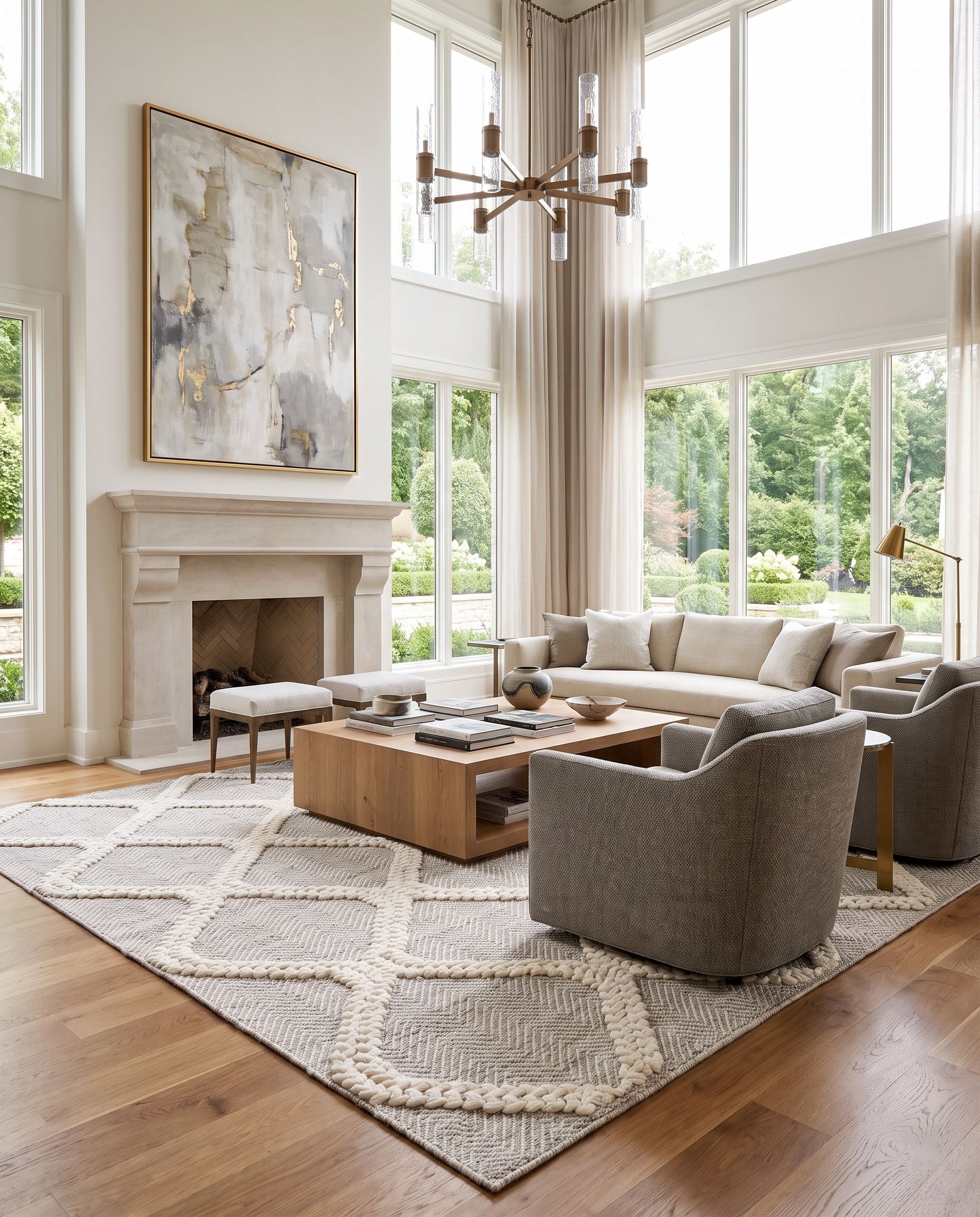 Nina NNA-2300 Hand Woven Rug as the centerpiece of a bright luxury living room — a hand woven modern area rug in ivory and taupe tones