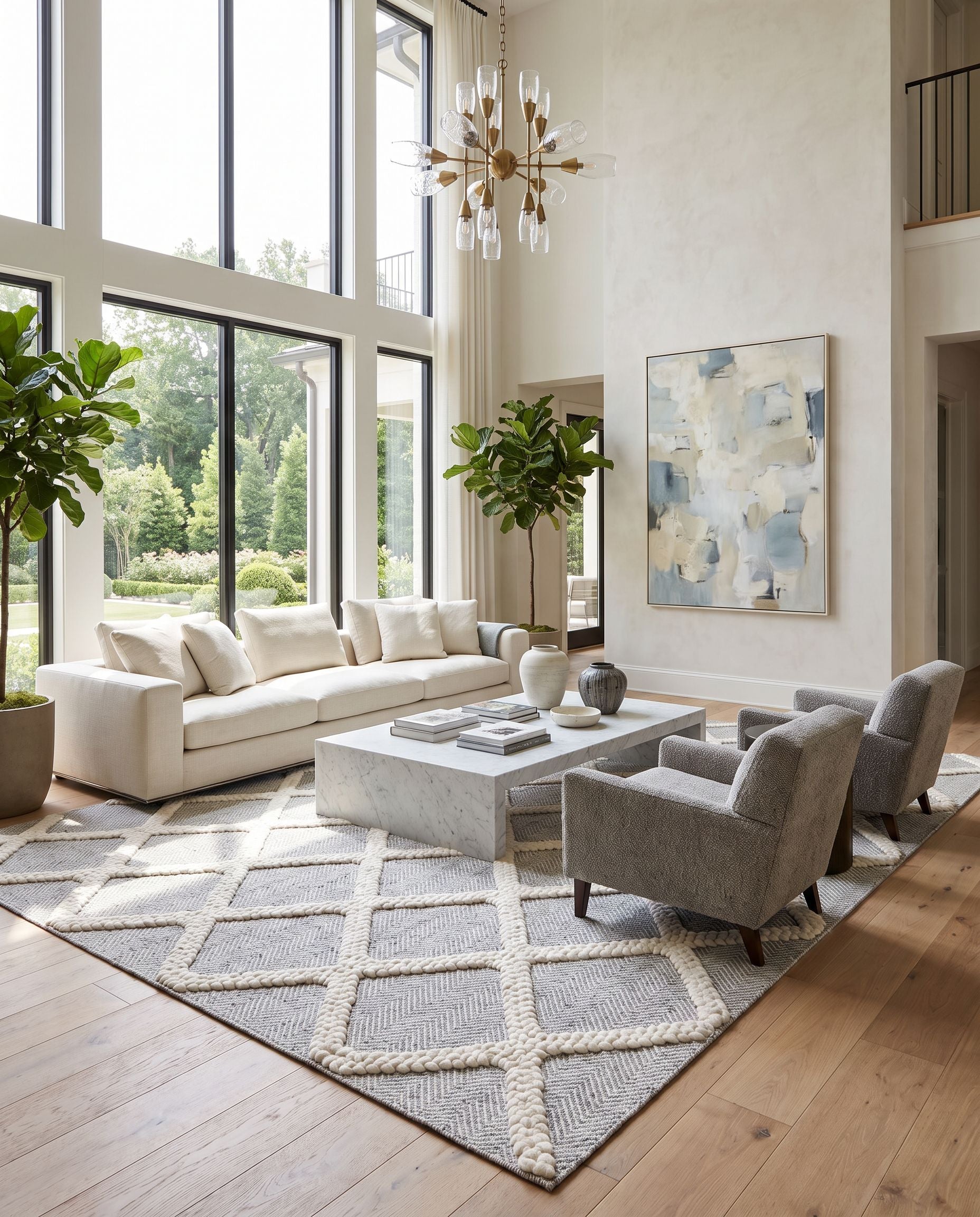 Nina NNA-2301 Hand Woven Rug as the centerpiece of a bright luxury living room — a hand woven modern area rug in ivory, medium gray and black tones