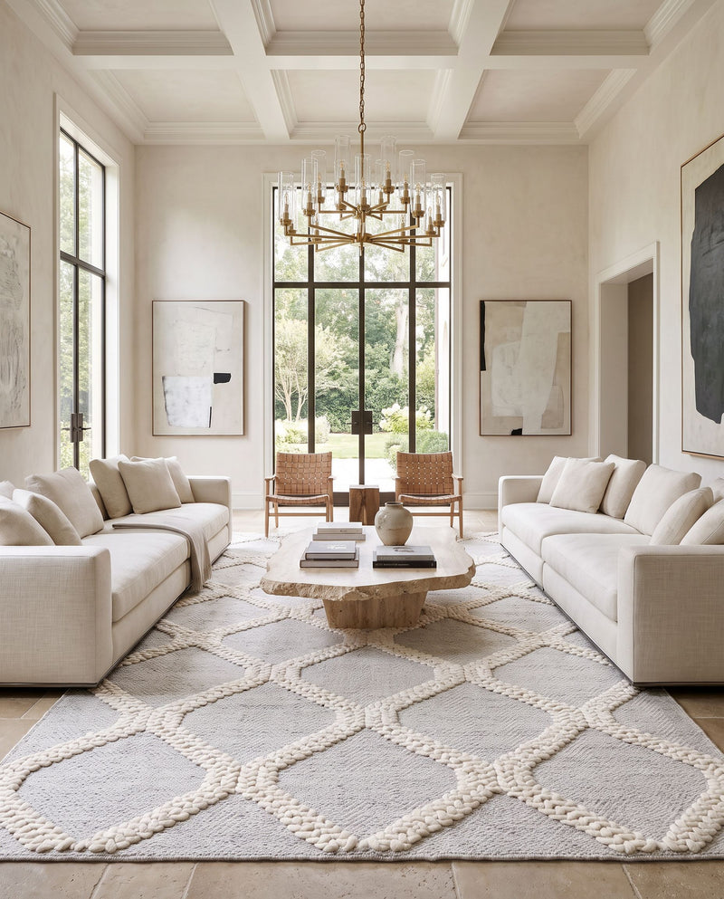 Nina NNA-2302 Hand Woven Rug as the centerpiece of a bright luxury living room — a hand woven modern area rug in silver gray and cream tones