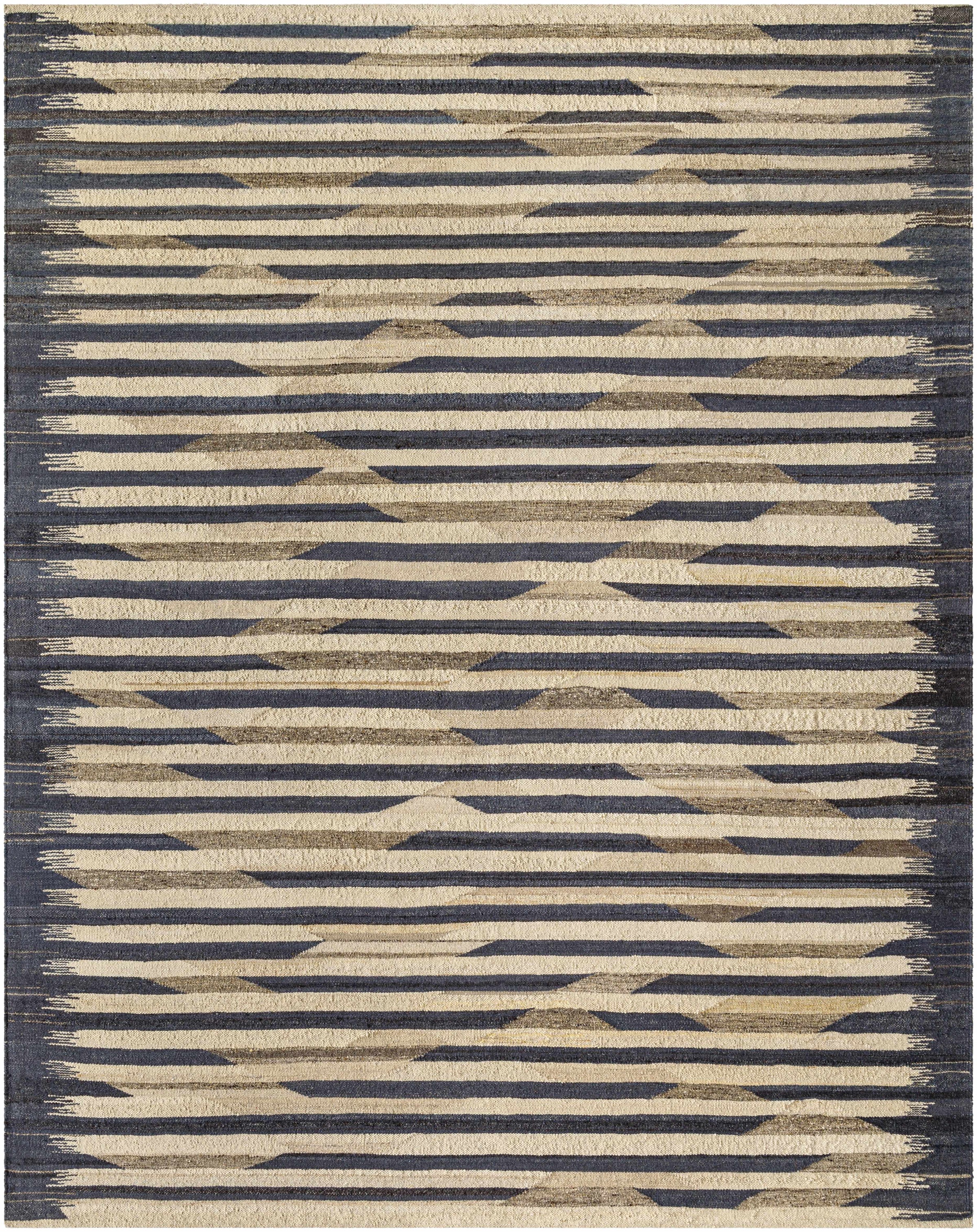 Navy Hand Woven 100% Wool Rustic Rectangle Handmade rug, Indoor use only, no fringe, non-washable.