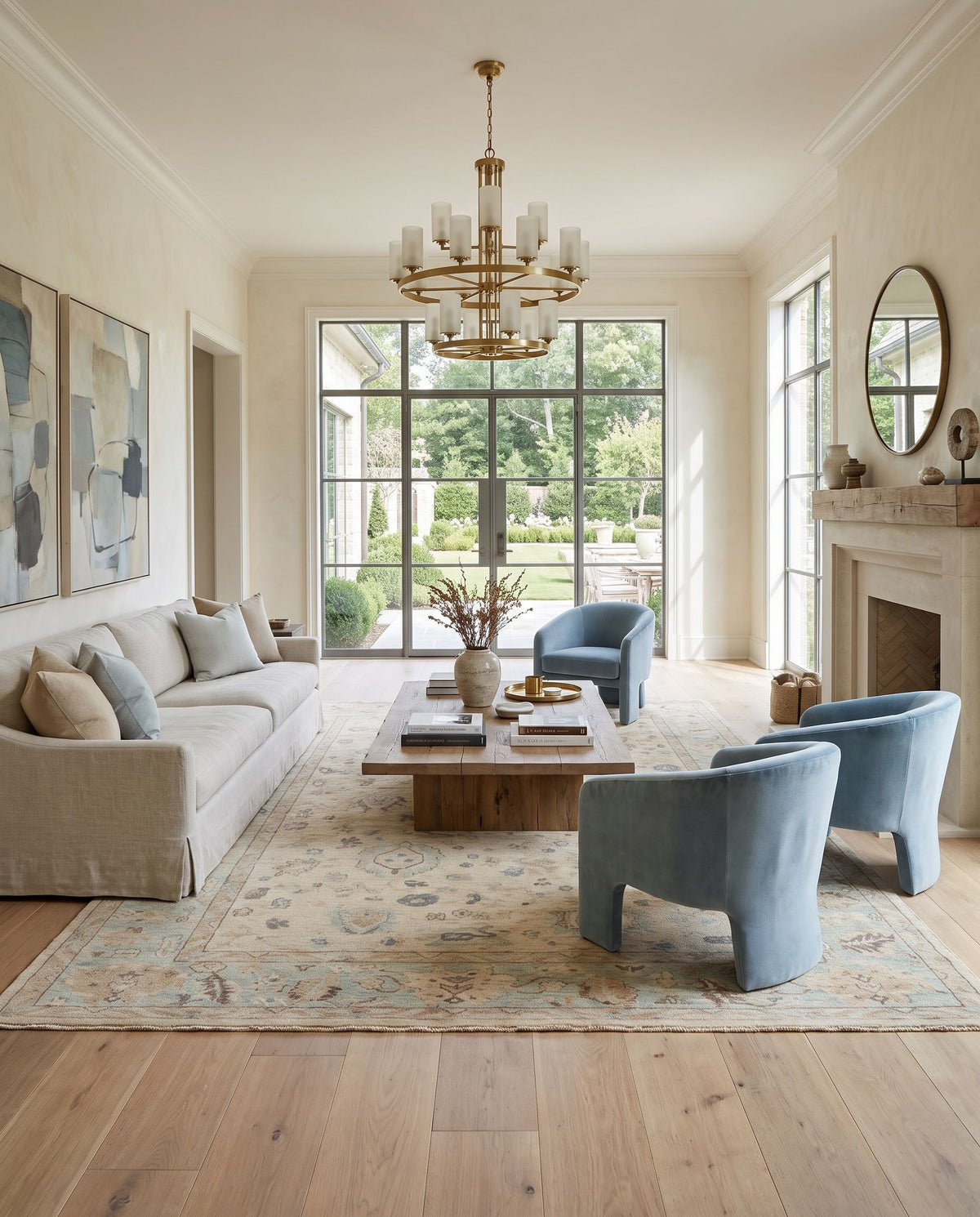 Normandy NOY-8010 Hand Knotted Rug styled in an elegant designer living room — hand knotted traditional area rug in denim, beige, yellow and sage tones
