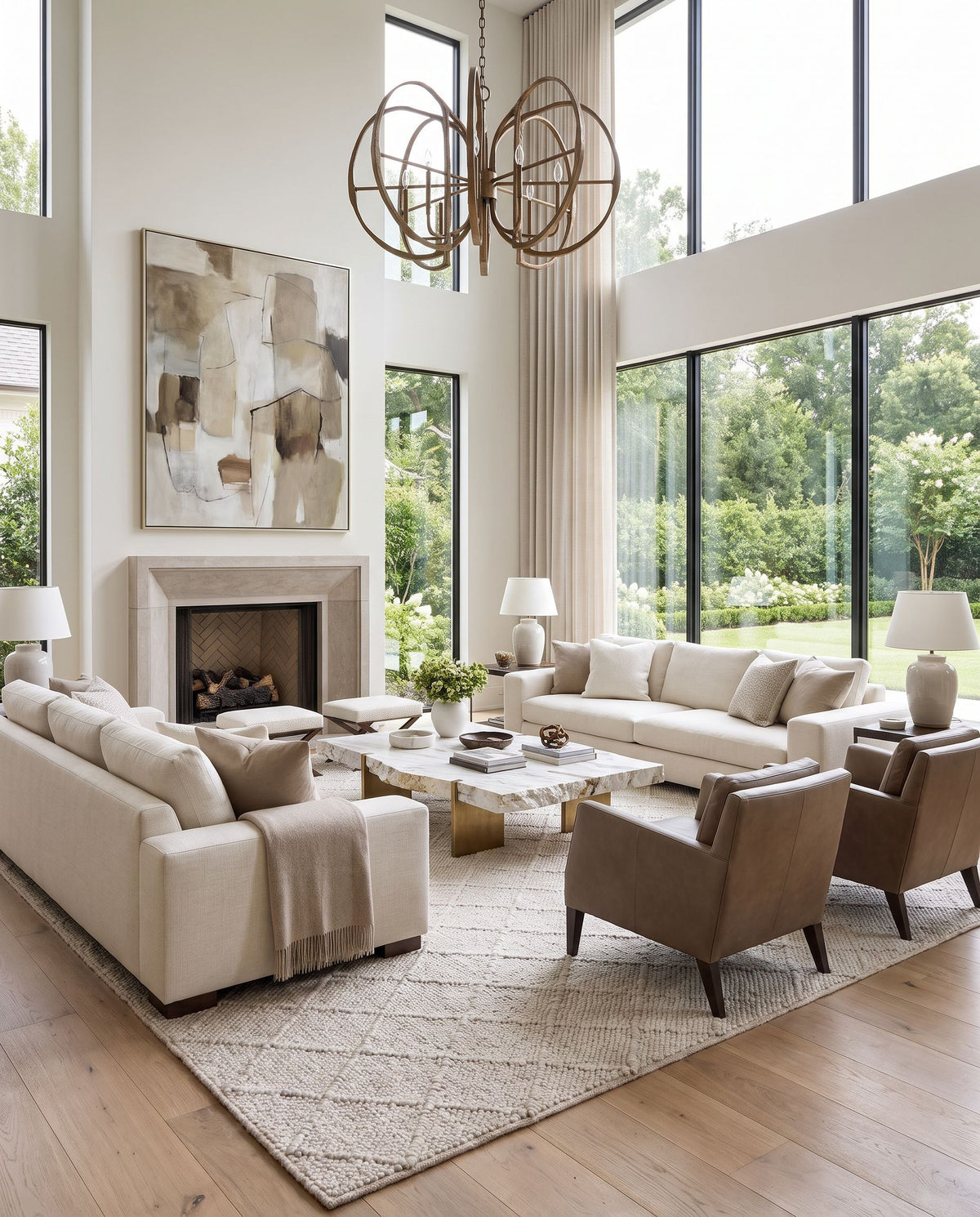 Napels NPL-2305 Hand Woven Rug as the centerpiece of a bright luxury living room — a hand woven modern area rug in light beige tones