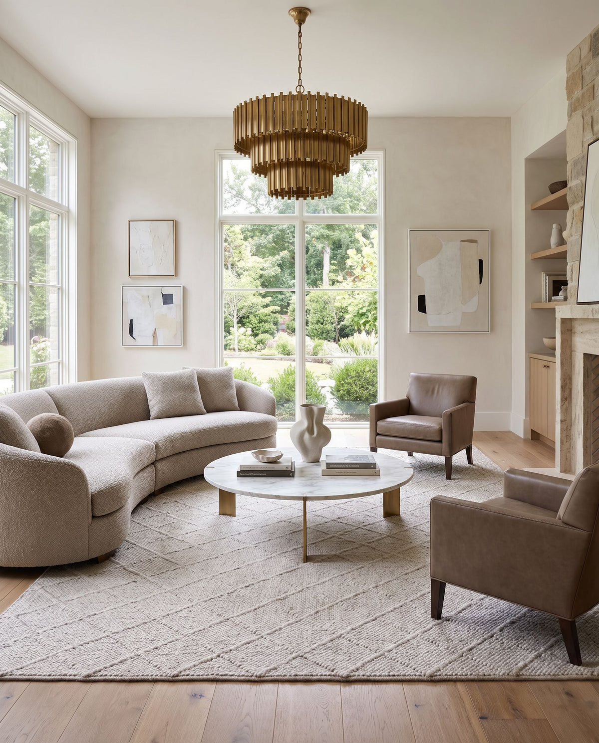 Napels NPL-2305 Hand Woven Rug styled in an elegant designer living room — hand woven modern area rug in light beige tones