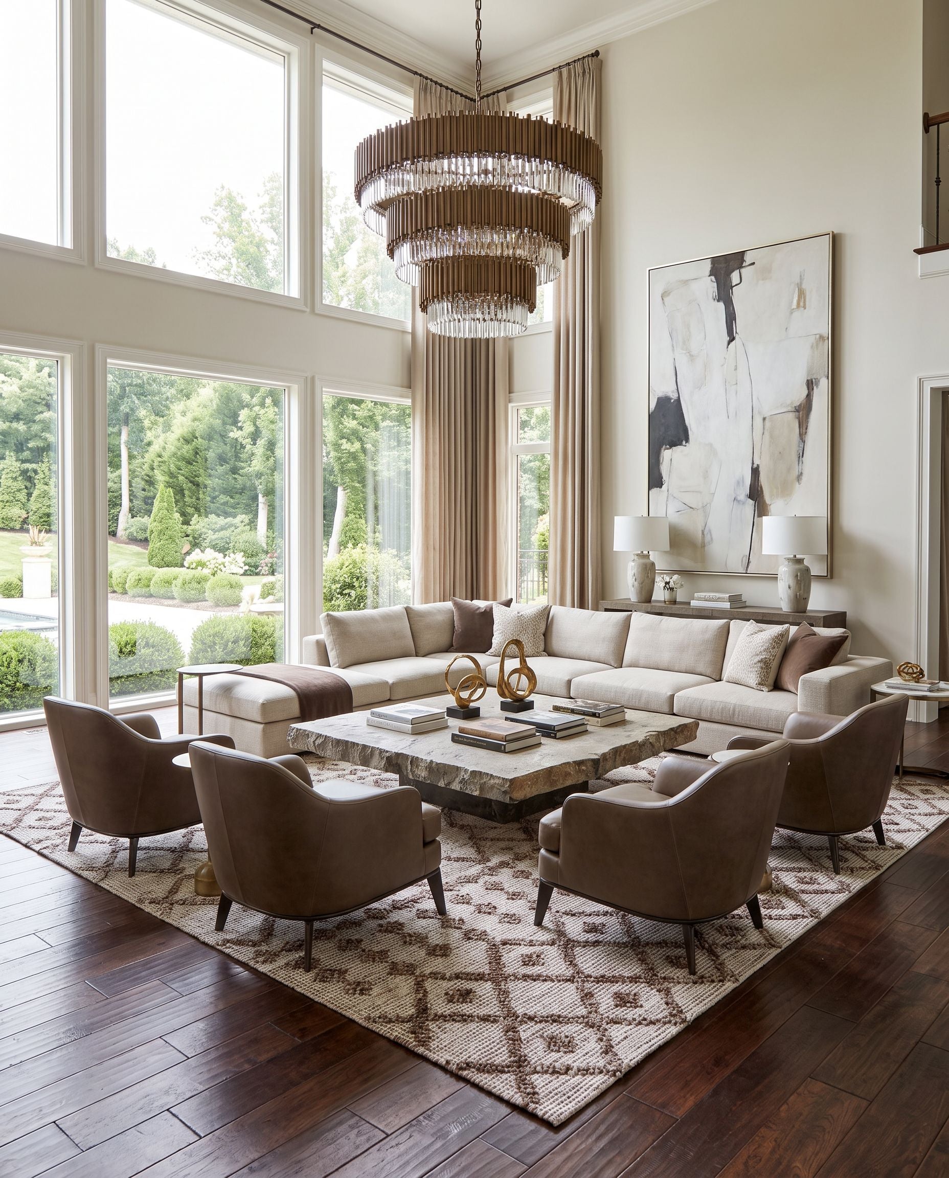 Napoli NPO-2300 Hand Woven Rug as the centerpiece of a bright luxury living room — a hand woven global area rug in off-white, brown and tan tones
