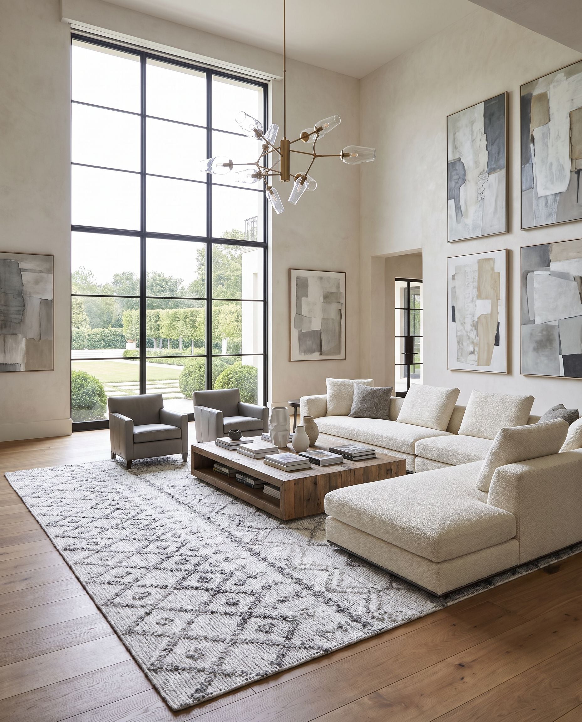Napoli NPO-2301 Hand Woven Rug as the centerpiece of a bright luxury living room — a hand woven global area rug in white, light slate, black and gray tones