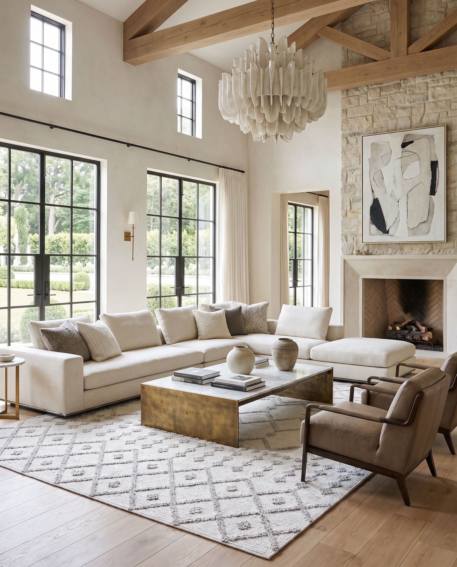 Napoli NPO-2302 Hand Woven Rug as the centerpiece of a bright luxury living room — a hand woven global area rug in light gray, light slate, white and black tones