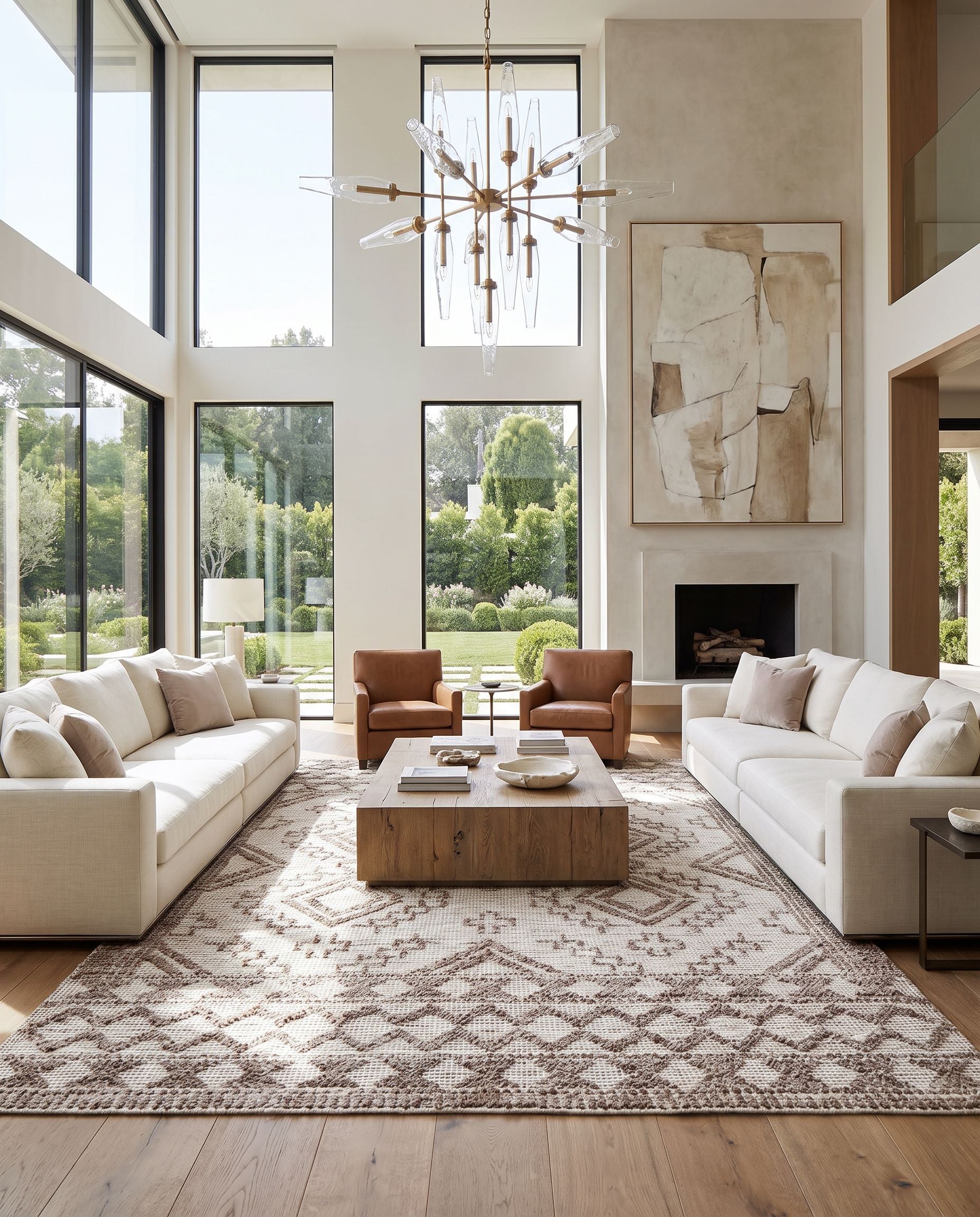 Napoli NPO-2303 Hand Woven Rug as the centerpiece of a bright luxury living room — a hand woven global area rug in beige, brown and tan tones