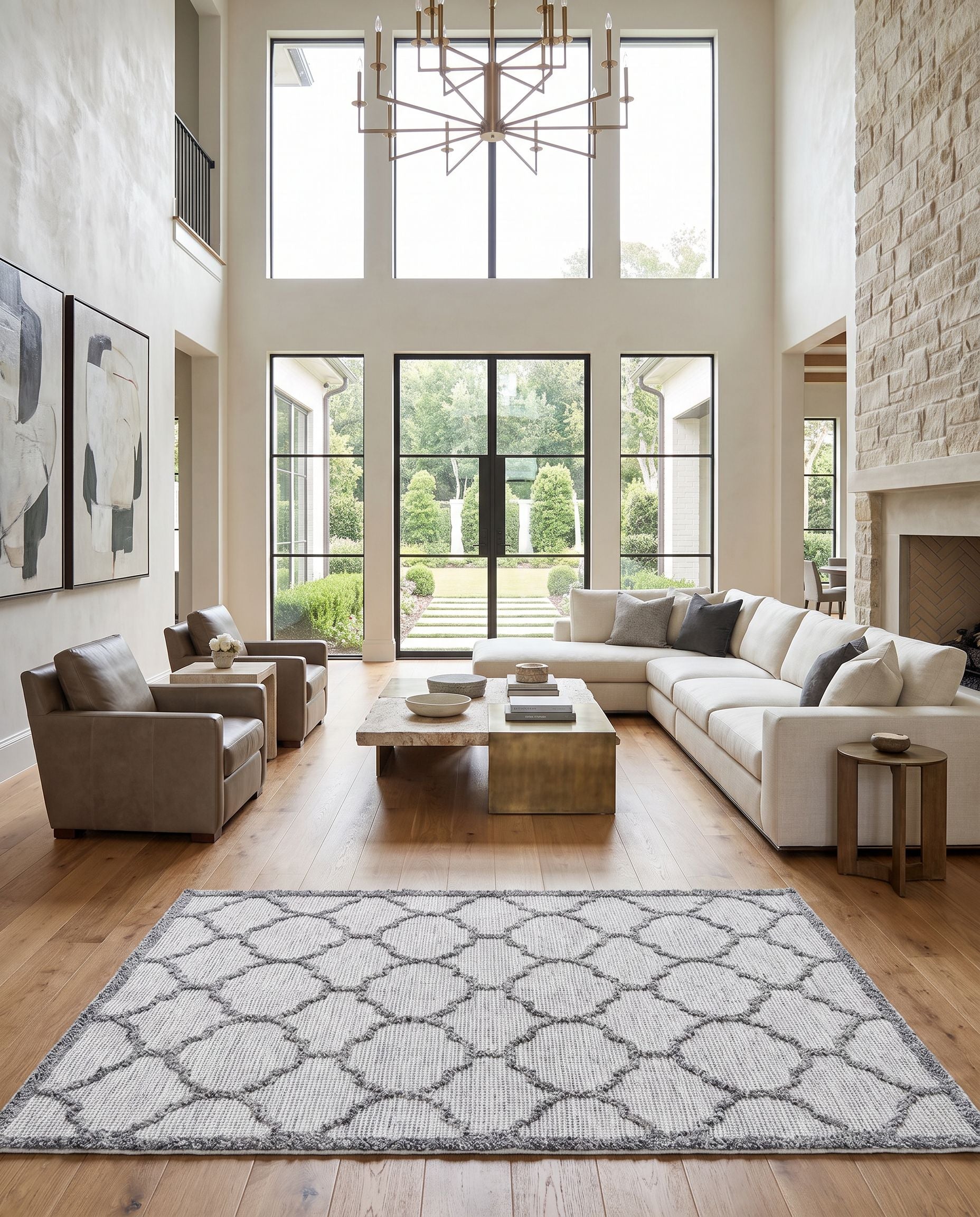 Napoli NPO-2307 Hand Woven Rug as the centerpiece of a bright luxury living room — a hand woven traditional area rug in ivory, light slate and black tones