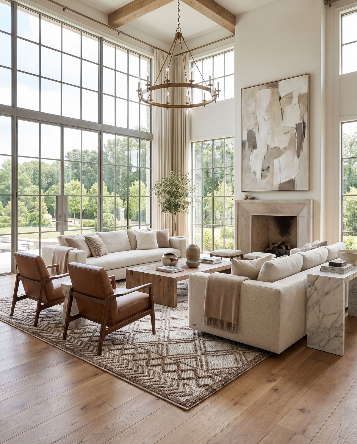 Napoli NPO-2308 Hand Woven Rug as the centerpiece of a bright luxury living room — a hand woven global area rug in beige and dark brown tones