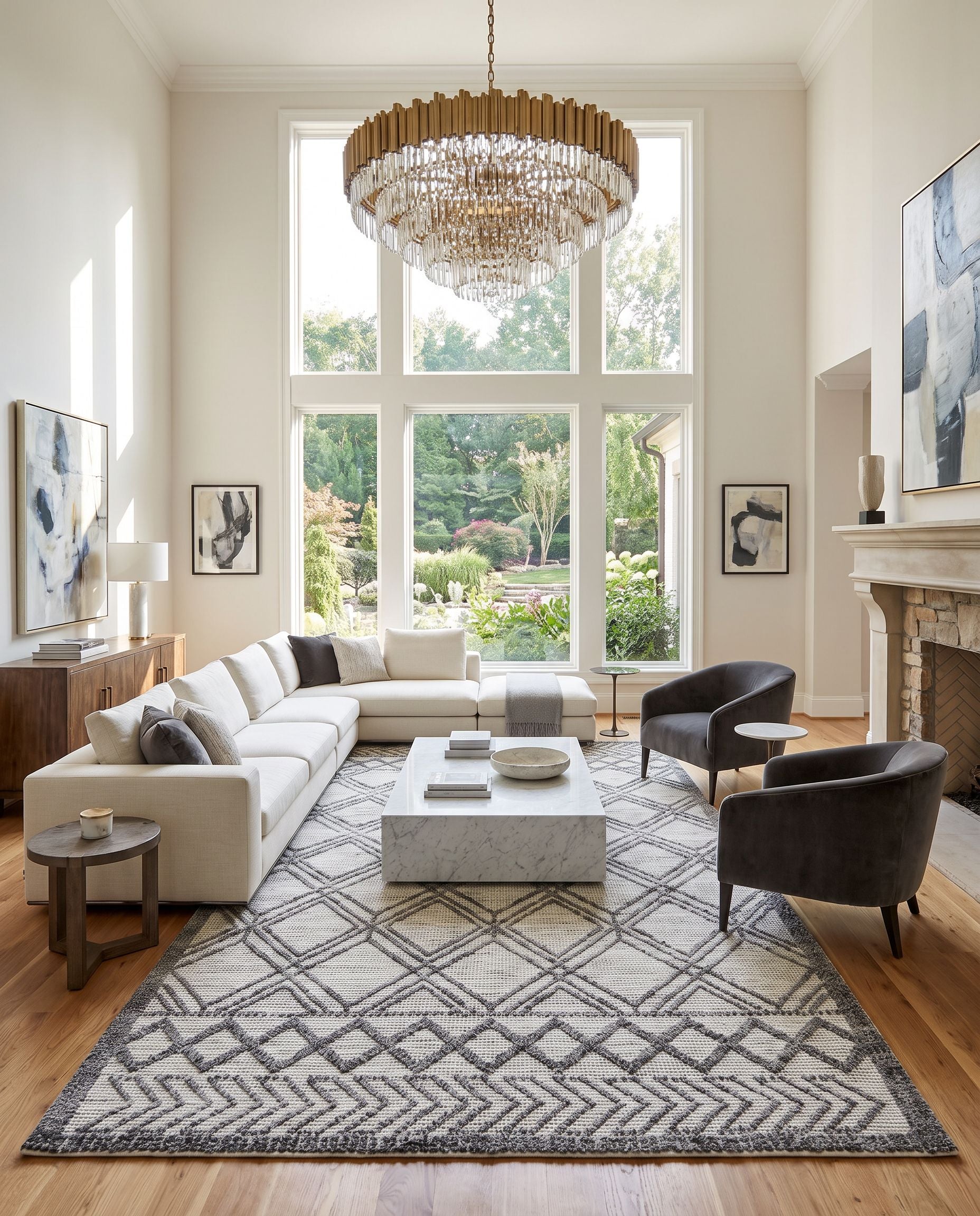Napoli NPO-2309 Hand Woven Rug as the centerpiece of a bright luxury living room — a hand woven global area rug in white, light slate, black and gray tones