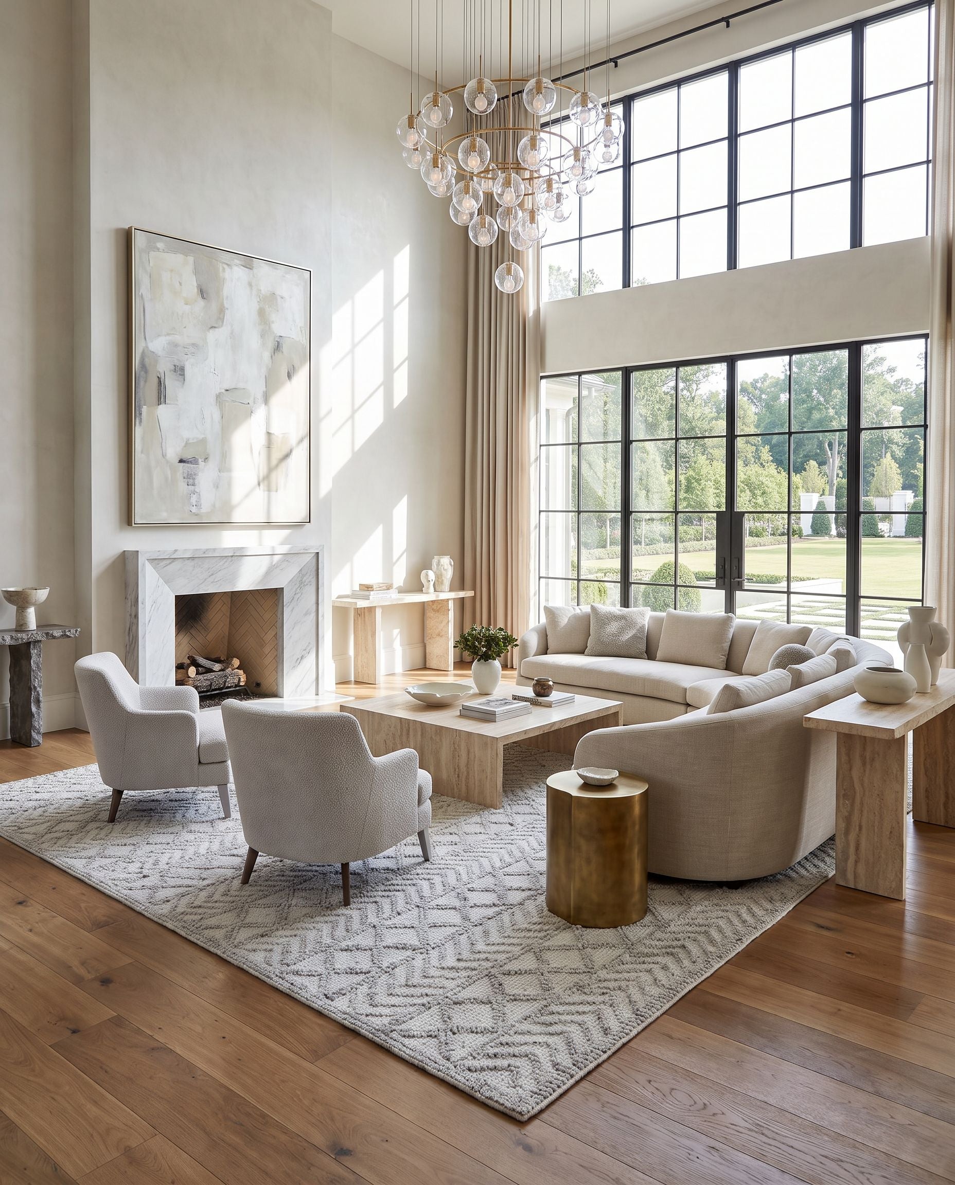 Napoli NPO-2312 Hand Woven Rug as the centerpiece of a bright luxury living room — a hand woven global area rug in off-white, light slate and charcoal tones