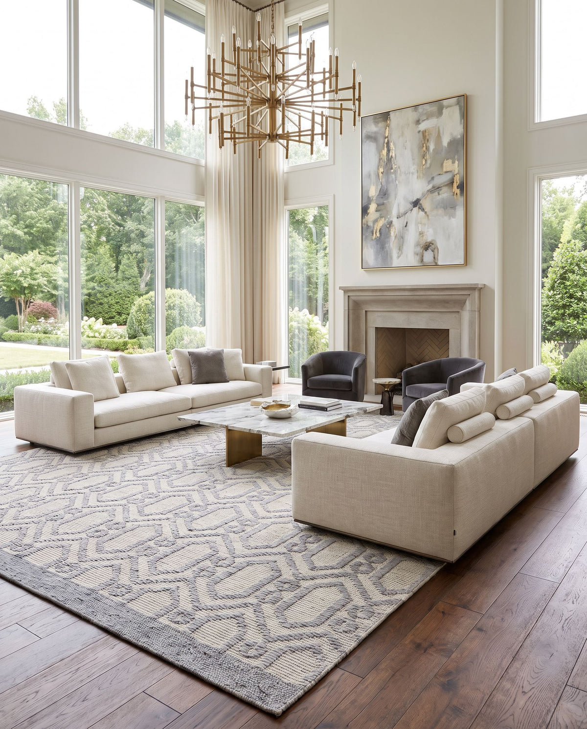 Napoli NPO-2317 Hand Woven Rug as the centerpiece of a bright luxury living room — a hand woven modern area rug in gray, cream, black and beige tones