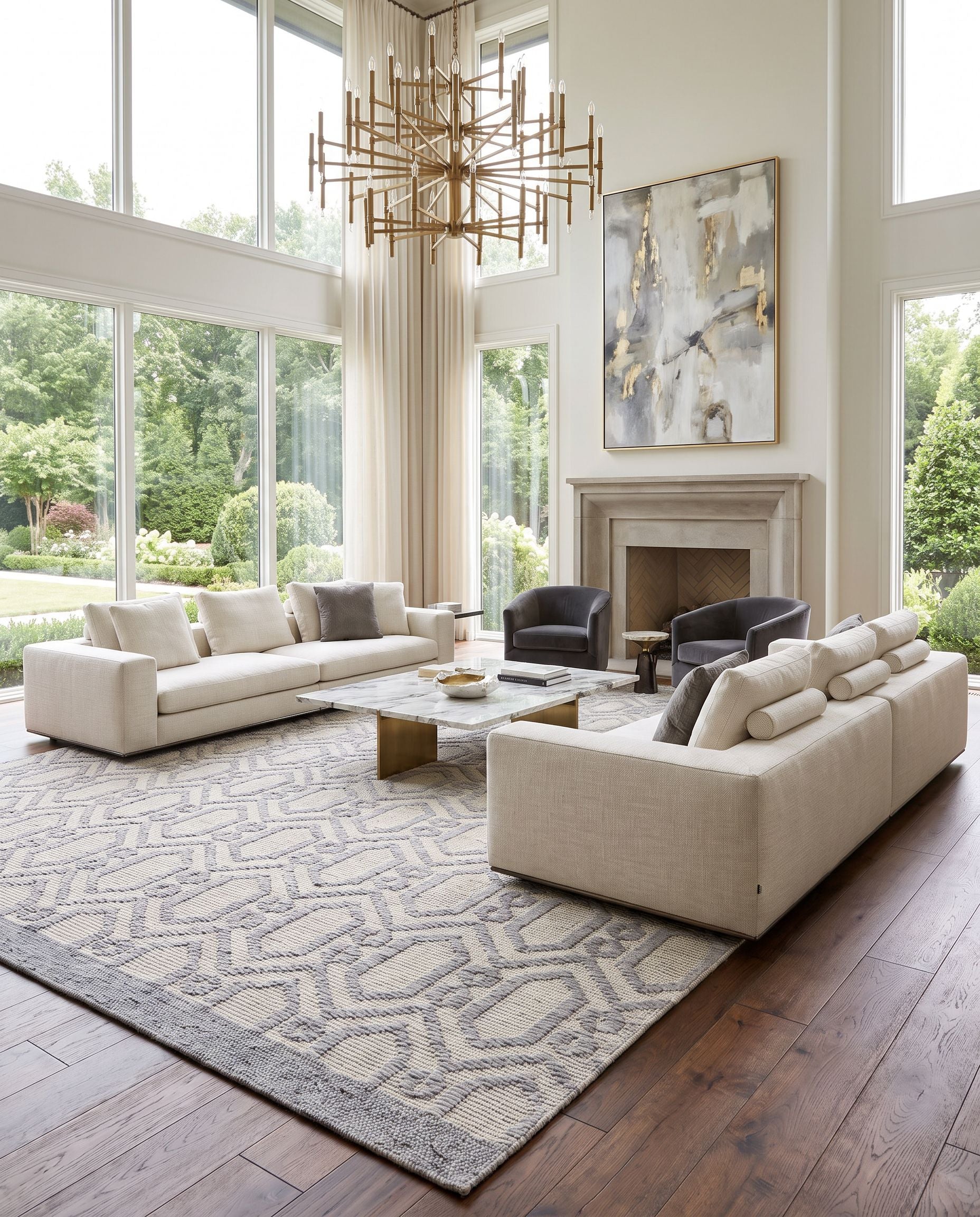 Napoli NPO-2317 Hand Woven Rug as the centerpiece of a bright luxury living room — a hand woven modern area rug in gray, cream, black and beige tones