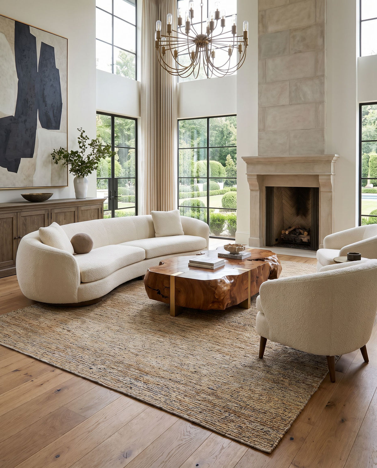 Natural Soumek NSM-2301 Hand Knotted Rug as the centerpiece of a bright luxury living room — a hand knotted contemporary area rug in navy, beige, light brown and dark brown tones