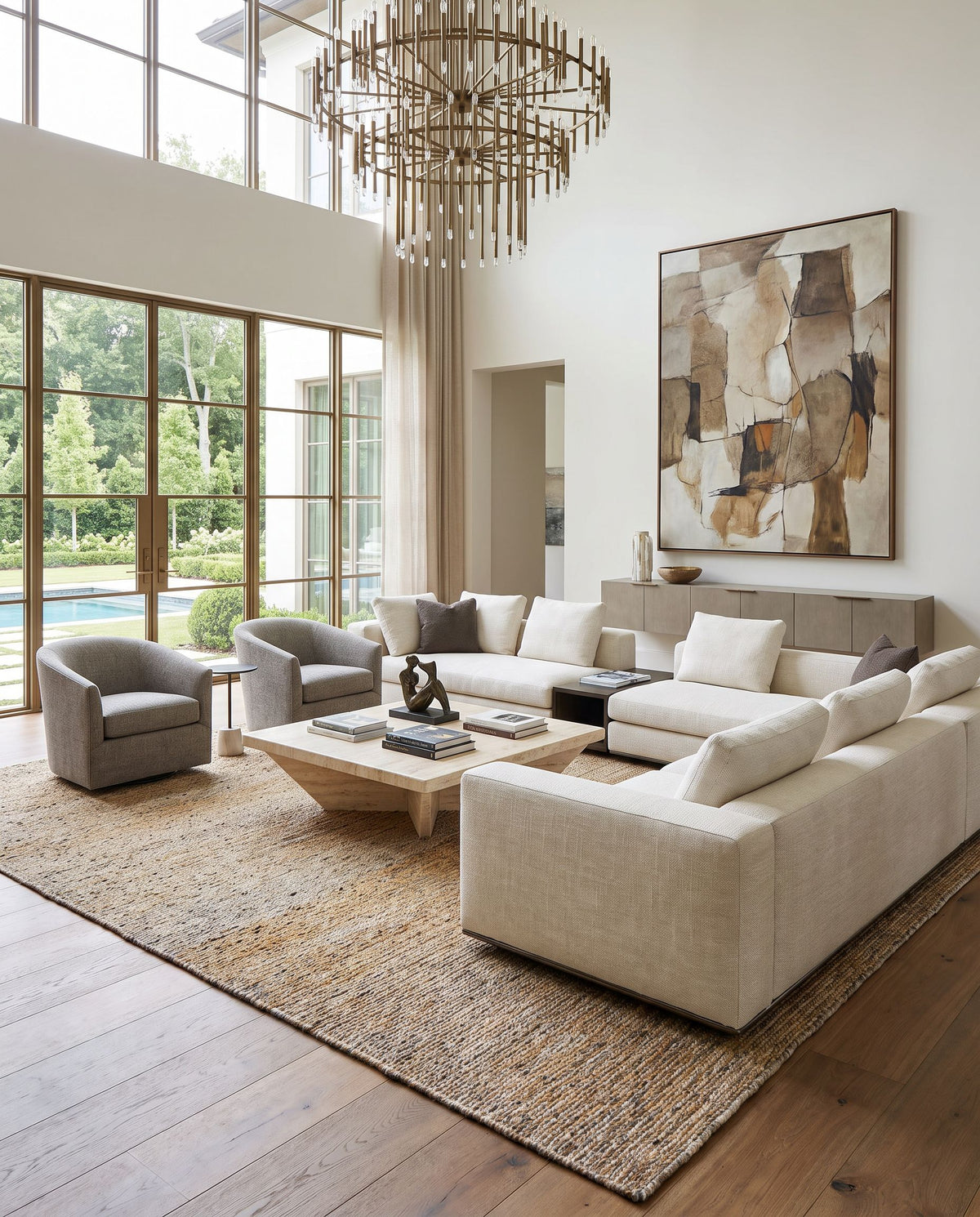 Natural Soumek NSM-2301 Hand Knotted Rug styled in an elegant designer living room — hand knotted contemporary area rug in navy, beige, light brown and dark brown tones