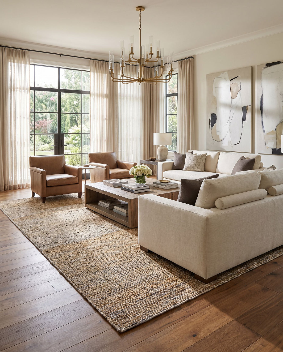 Natural Soumek NSM-2301 Hand Knotted Rug styled in an elegant designer living room — hand knotted contemporary area rug in navy, beige, light brown and dark brown tones