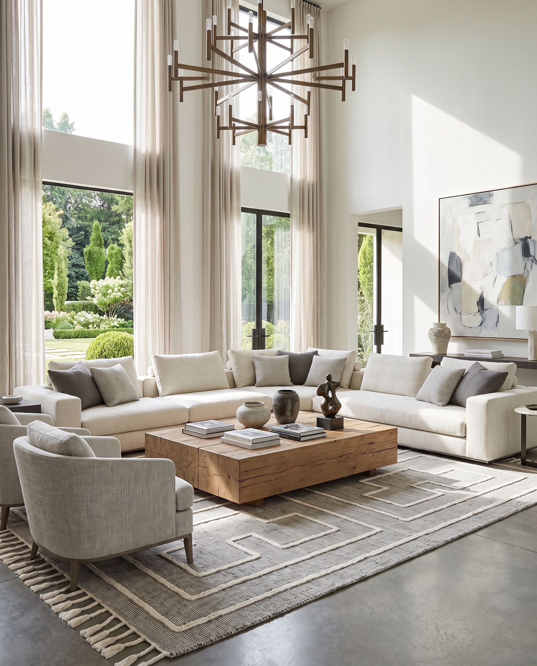 Norwood NWD-2302 Hand Woven Rug as the centerpiece of a bright luxury living room — a hand woven global area rug in charcoal and cream tones