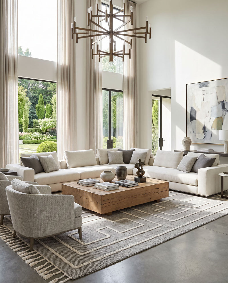 Norwood NWD-2302 Hand Woven Rug as the centerpiece of a bright luxury living room — a hand woven global area rug in charcoal and cream tones