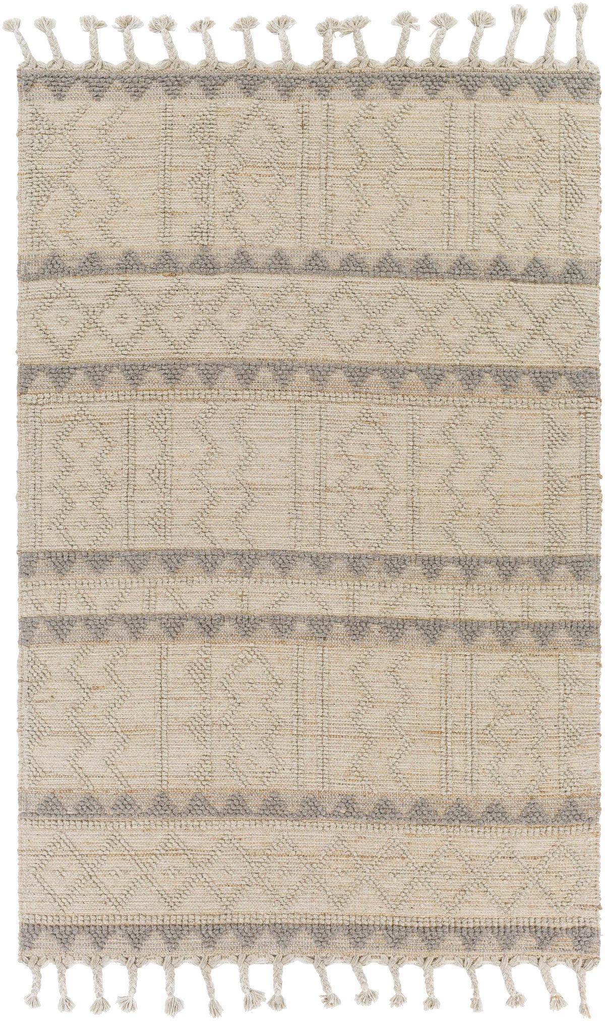 Tan Hand Woven 50% Jute, 50% Wool Global Rectangle Handmade rug, Indoor use only, has fringe, non-washable. runner also available