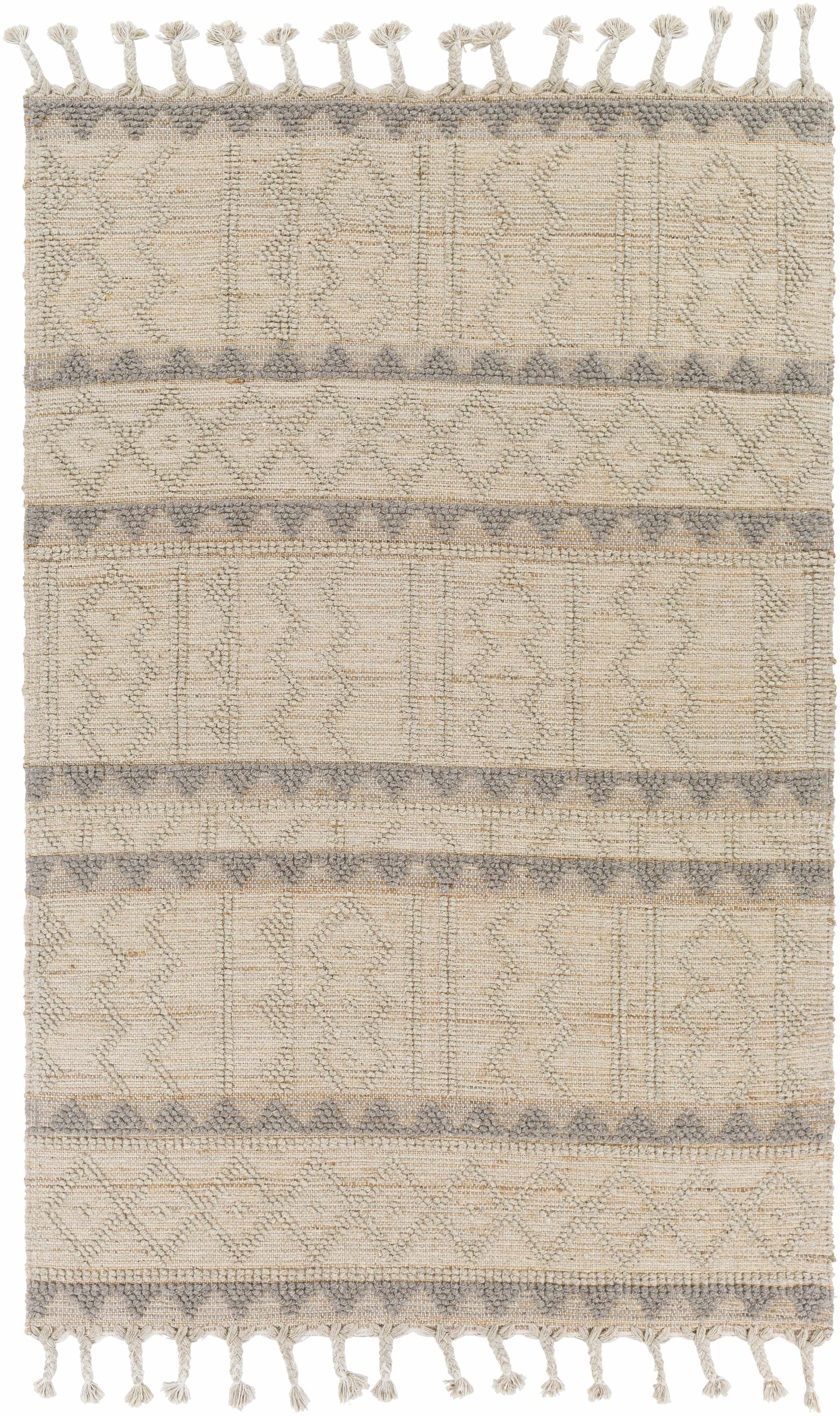 Tan Hand Woven 50% Jute, 50% Wool Global Rectangle Handmade rug, Indoor use only, has fringe, non-washable. runner also available