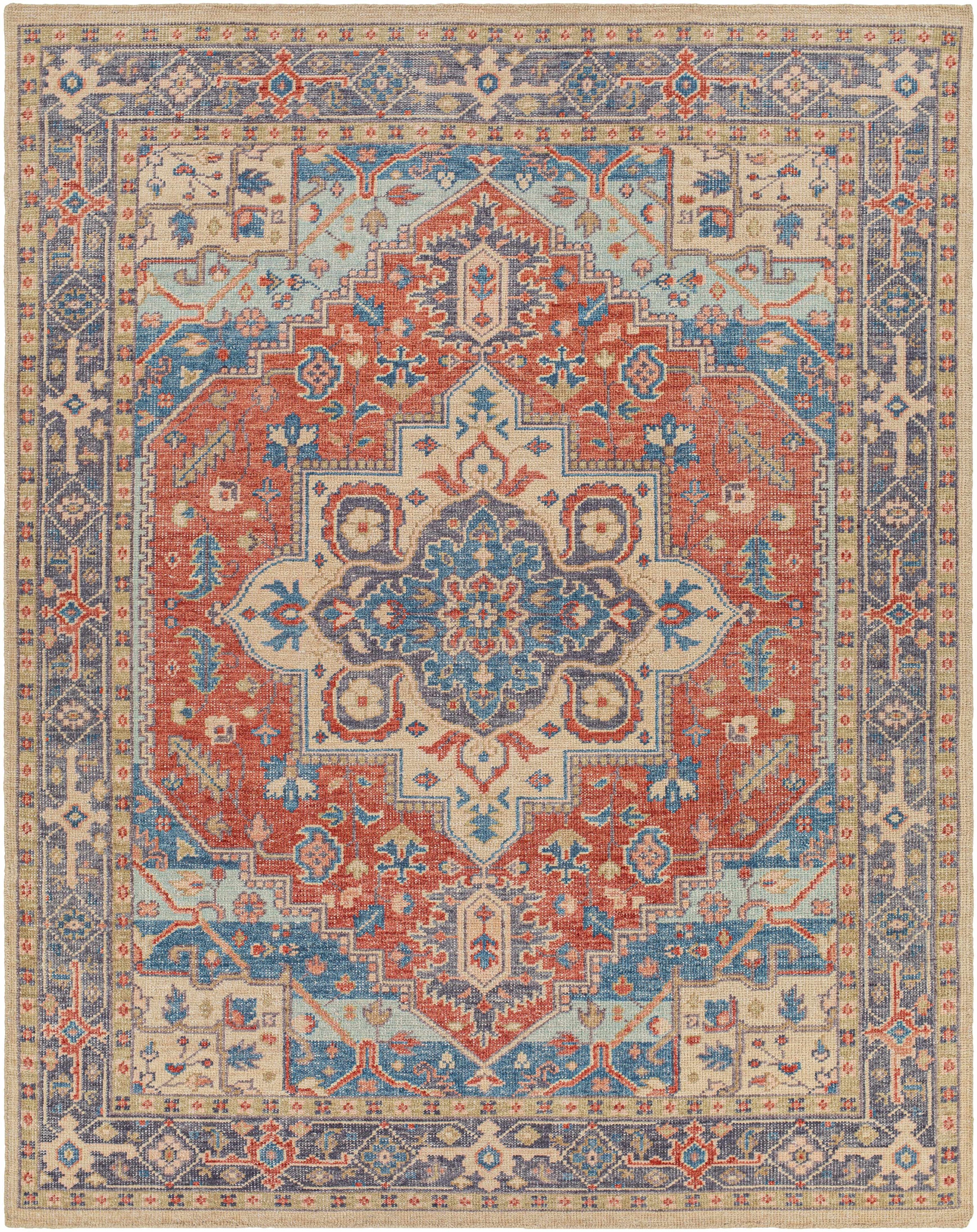 Red Hand Knotted 80% Wool, 20% Cotton Traditional Rectangle Handmade rug, Indoor use only, no fringe, non-washable. runner also available