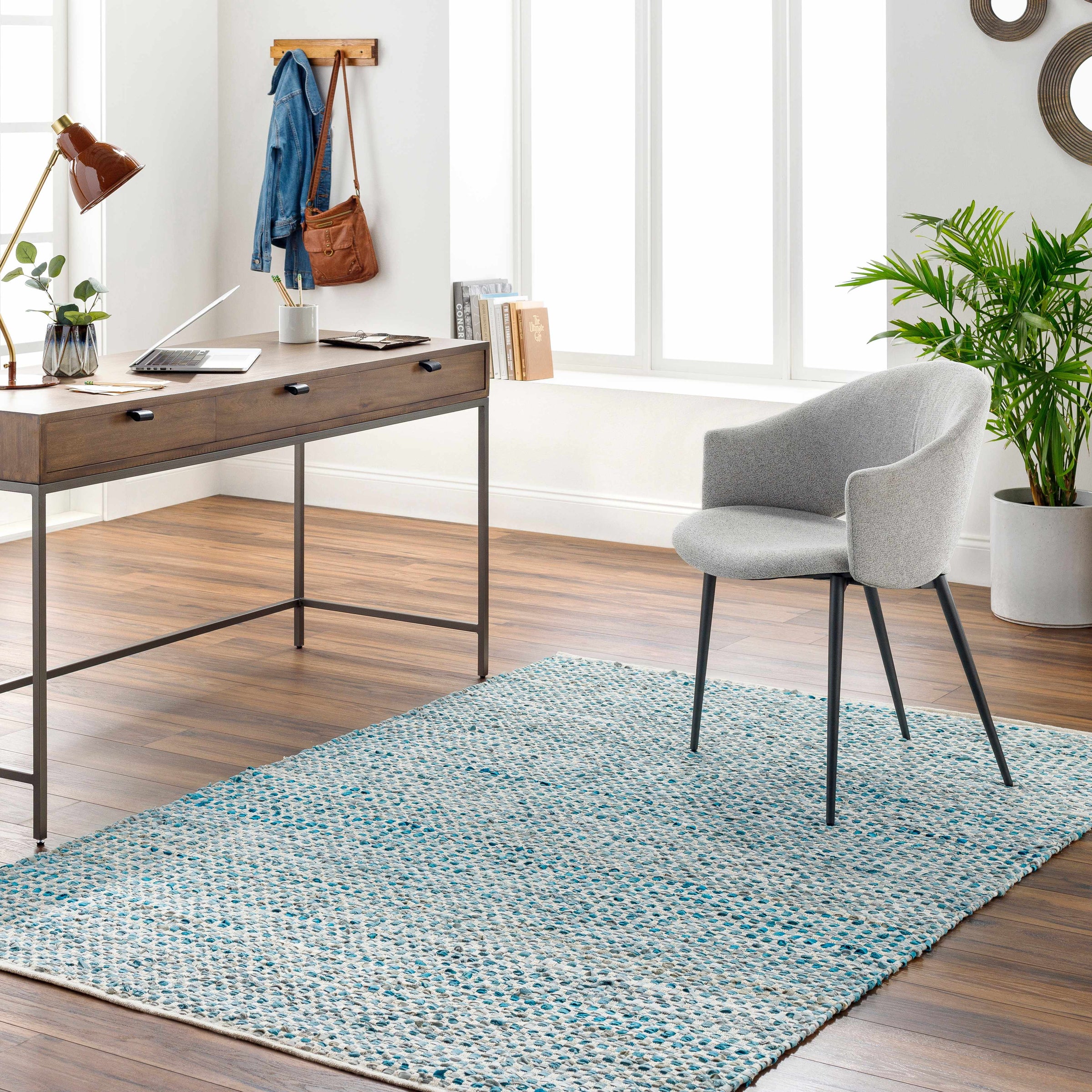 Teal Hand Woven 50% Cotton, 50% Leather Modern Rectangle Handmade rug, Indoor use only, no fringe, non-washable. runner also available