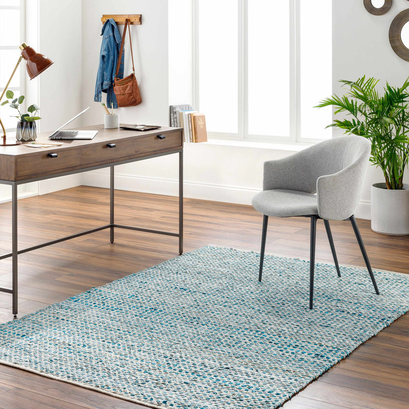 Teal Hand Woven 50% Cotton, 50% Leather Modern Rectangle Handmade rug, Indoor use only, no fringe, non-washable. runner also available