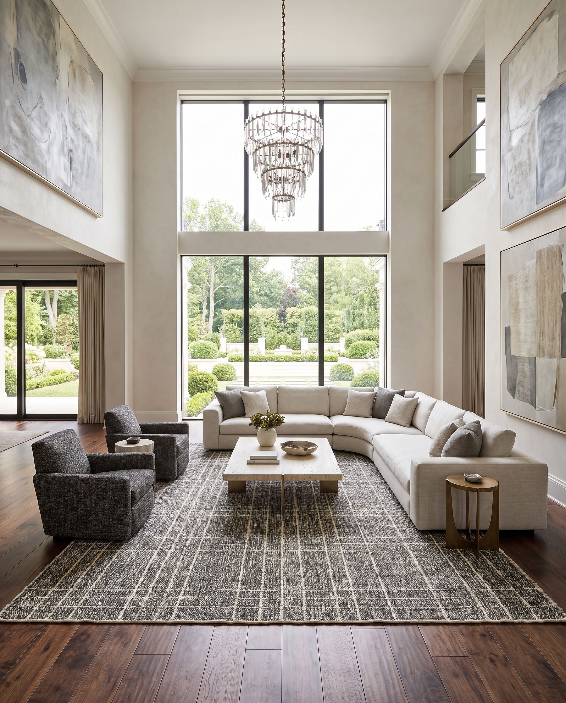 Otto OTT-2300 Hand Woven Rug as the centerpiece of a bright luxury living room — a hand woven modern area rug in black, ivory and gray tones