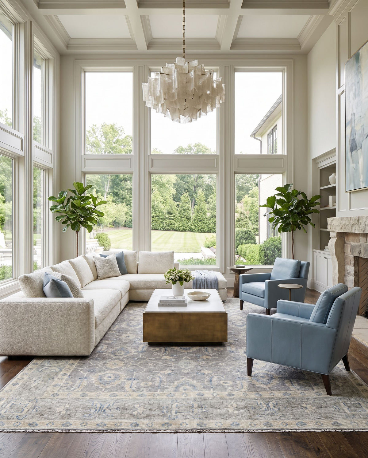 Palais PAL-2307 Hand Knotted Rug as the centerpiece of a bright luxury living room — a hand knotted traditional area rug in gray, medium gray, ivory and seafoam tones