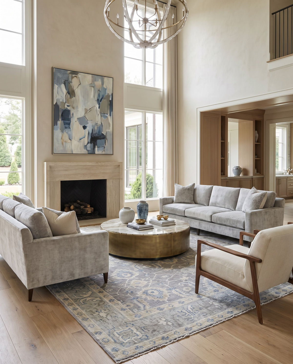 Palais PAL-2307 Hand Knotted Rug styled in an elegant designer living room — hand knotted traditional area rug in gray, medium gray, ivory and seafoam tones