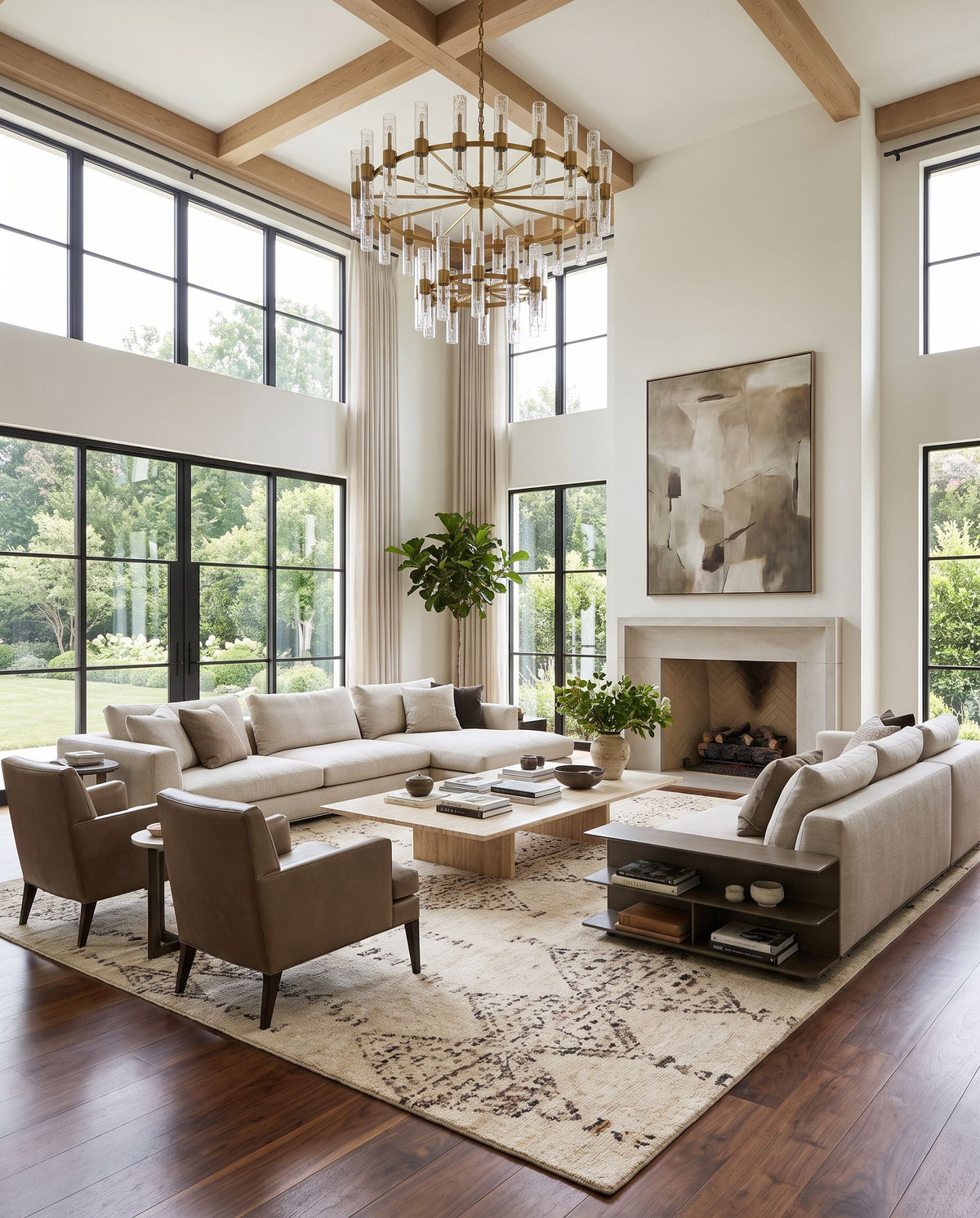 Pampa PAP-1001 Hand Knotted Rug as the centerpiece of a bright luxury living room — a hand knotted global area rug in cream, ivory, dark brown and charcoal tones