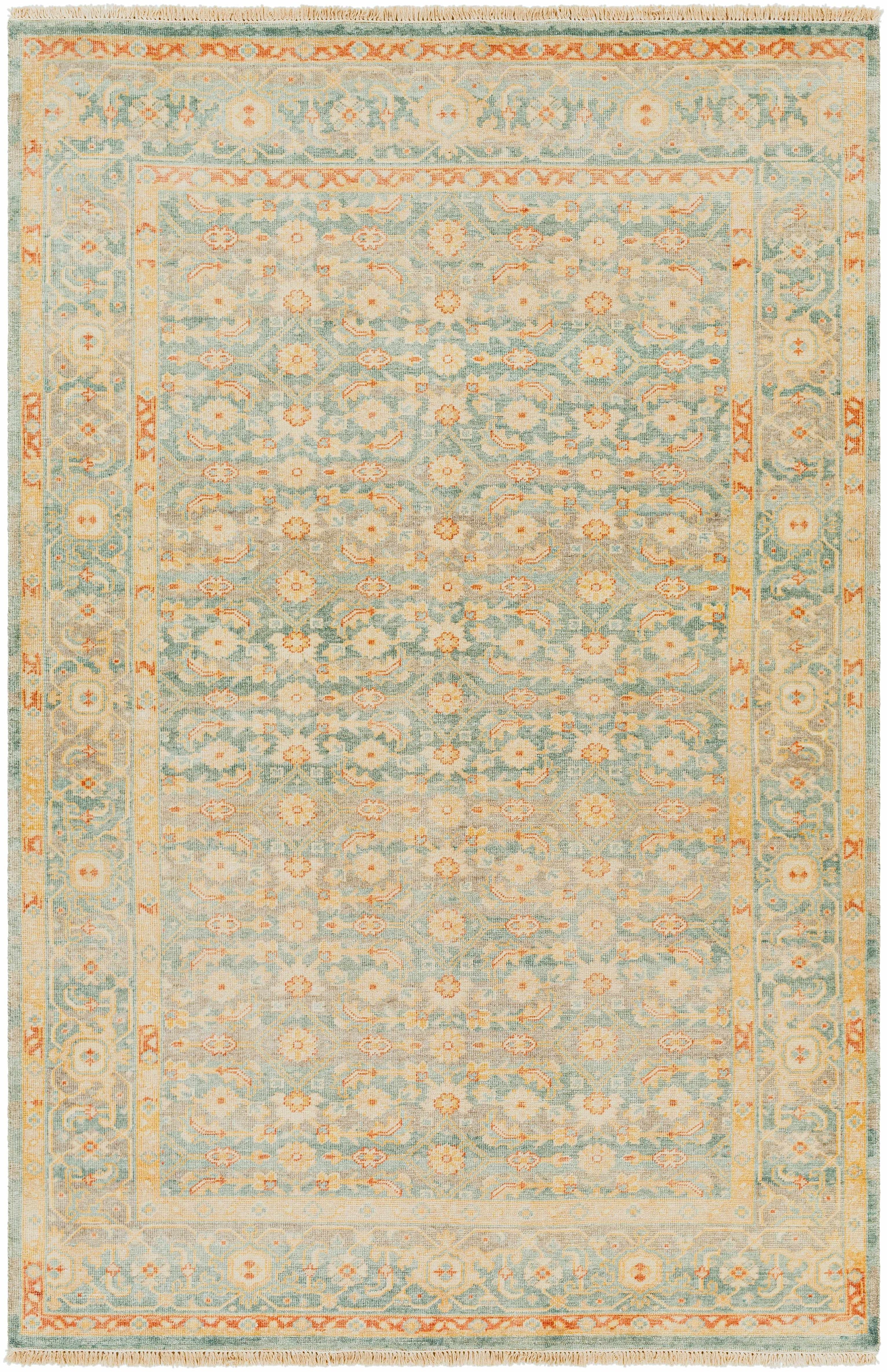 Seafoam Hand Knotted 70% Wool, 30% Viscose Traditional Rectangle Handmade rug, Indoor use only, has fringe, non-washable.